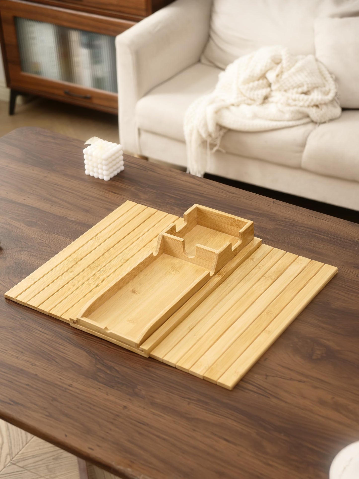 Uwenkjie Natural bamboo sofa armrest tray, three in one pull-out and detachable sofa cup holder, armrest table with anti slip pad