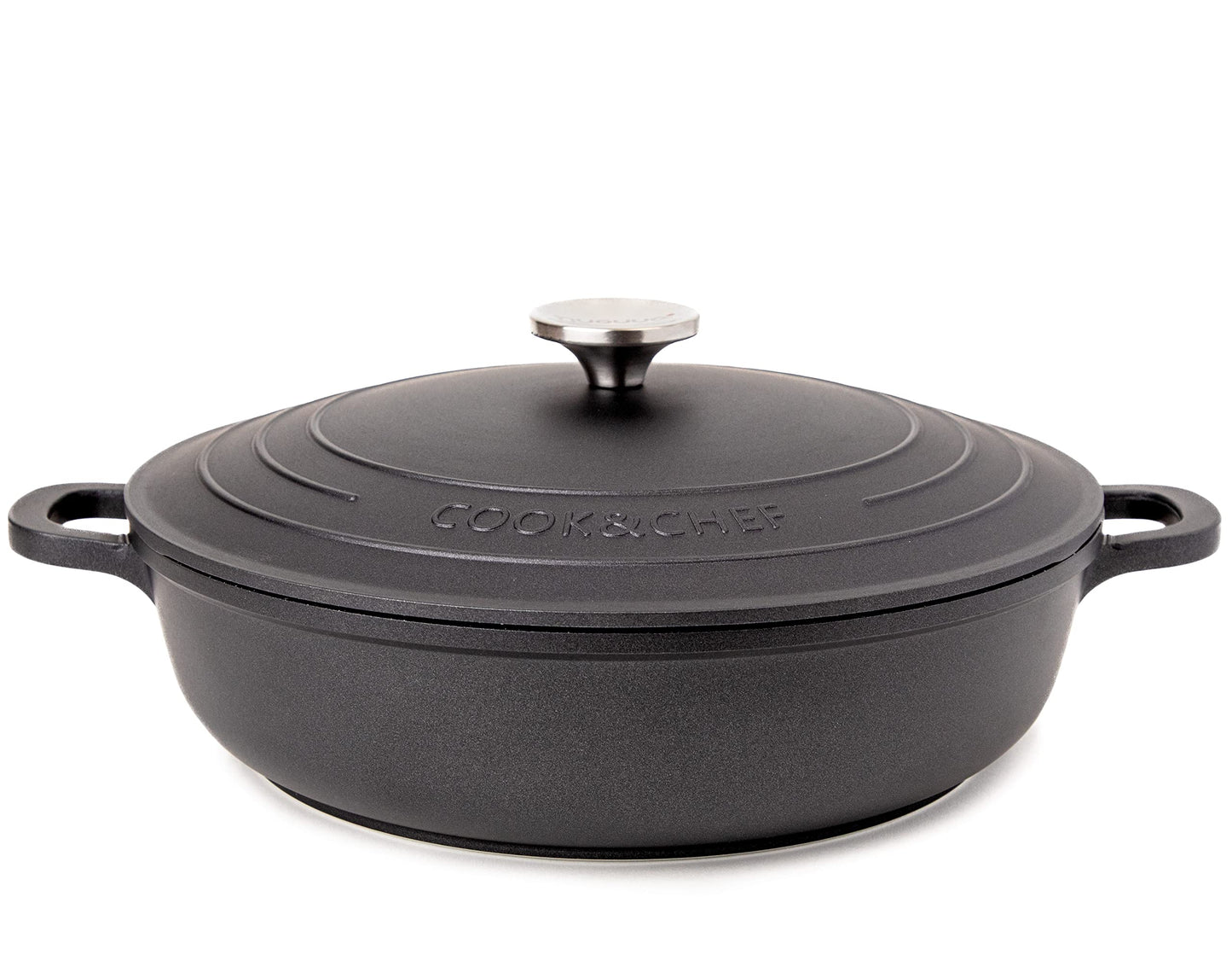 Non-Stick Aluminium Pot with Lid  Sturdy Shallow Dutch Oven  Casserole Pot with Ergonomic Handles  3.9L, 28cm Oven Safe Cooking Pot  by Nuovva
