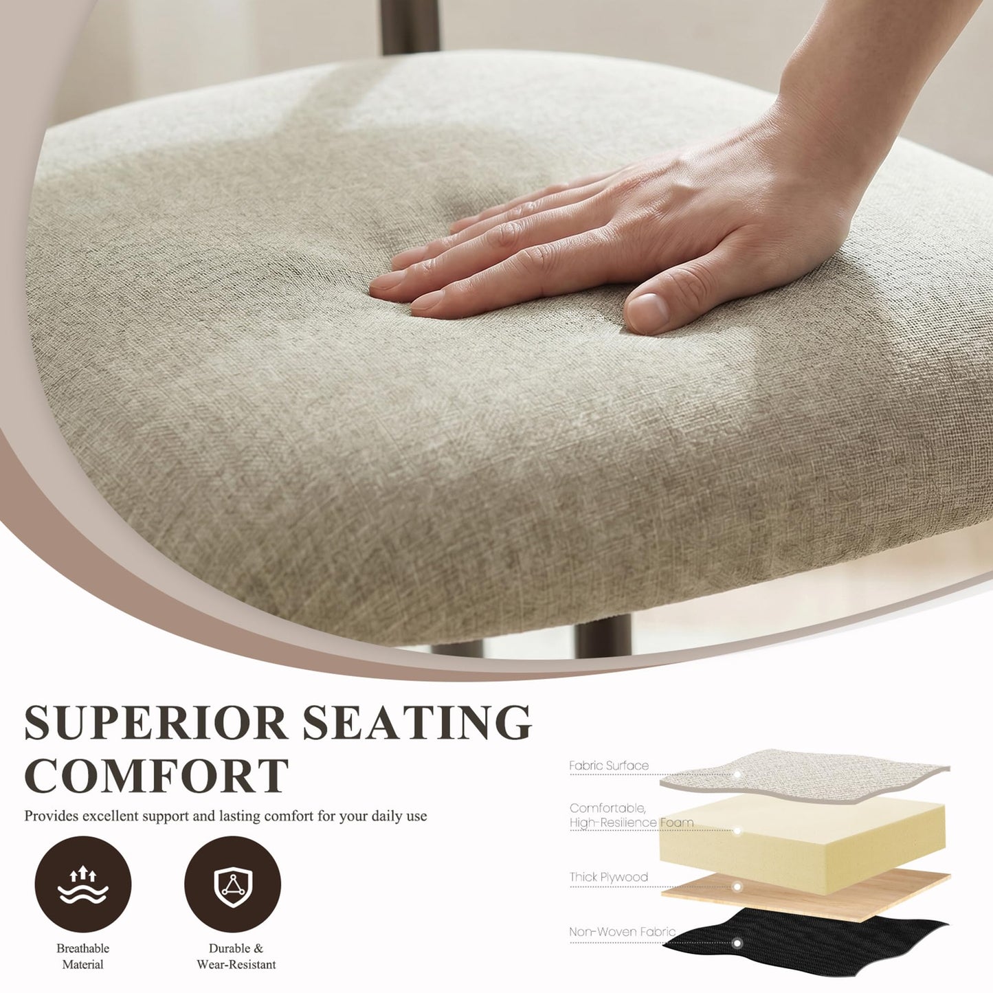 Dining Chairs Set of 4, Upholstered Dining Room Chairs with Ergonomic Curved Backrest, Metal Frame Kitchen Chairs