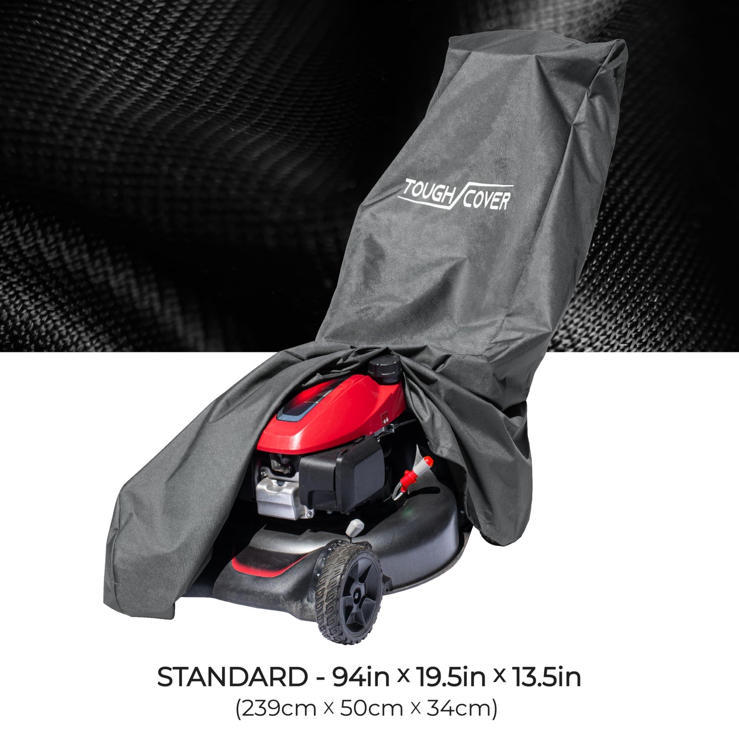 Tough Cover Extreme Conditions Lawn Mower Cover. Certified Waterproof 600D Marine Grade Fabric. Universal Fit Push Mower Cover. Protects against