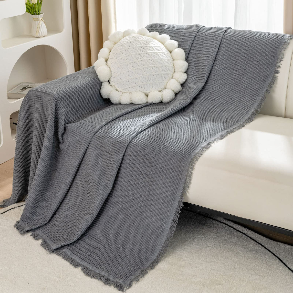 LHGOGO Woven Waffle Sofa Throw Large 3 Seater with Tassels - Reversible 180x300cm Throws for Sofas, Settees, Couch, and Armchair - Grey, 70.87 x
