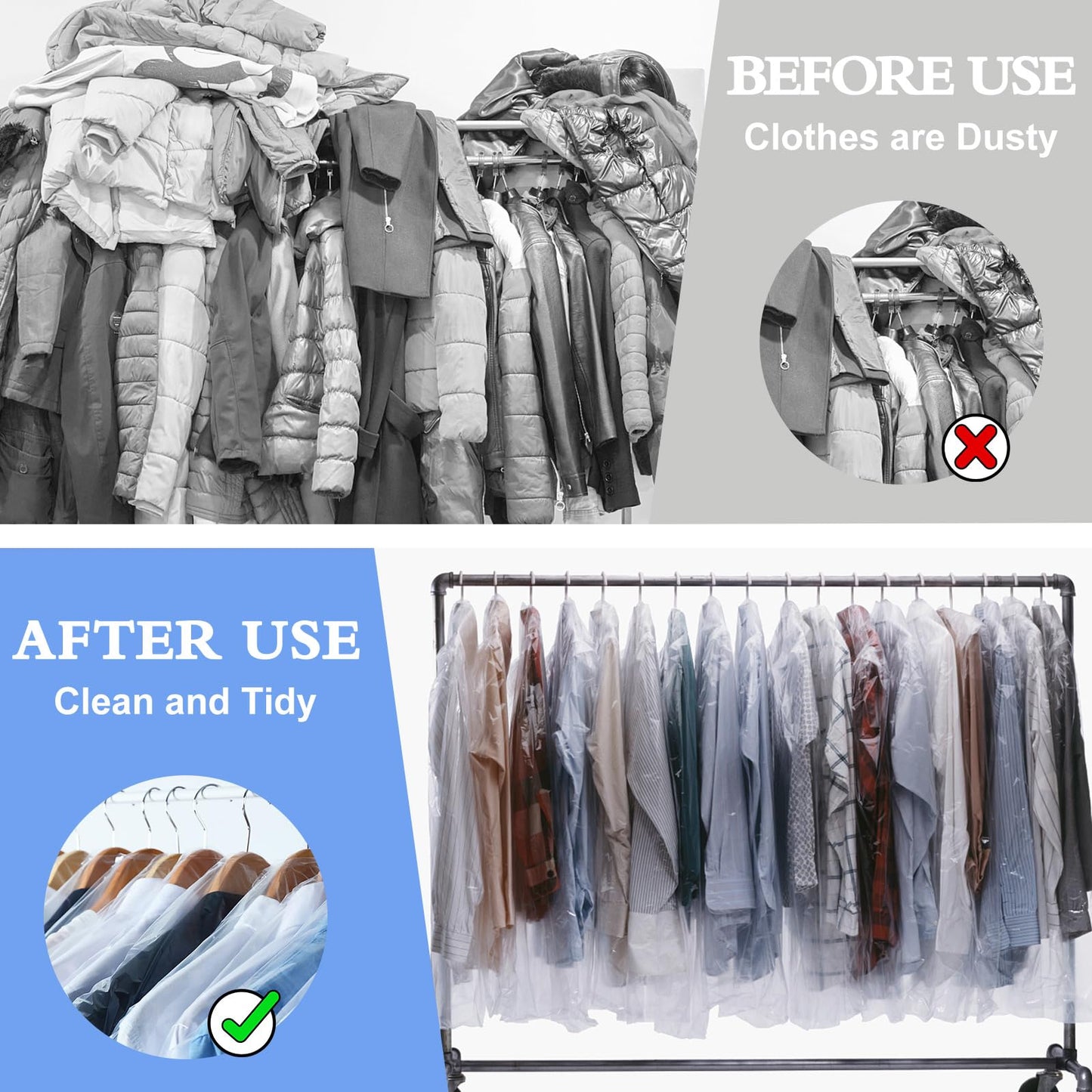100 Pack Plastic Clothing Bags, Dustproof Clothing Protective Cover
