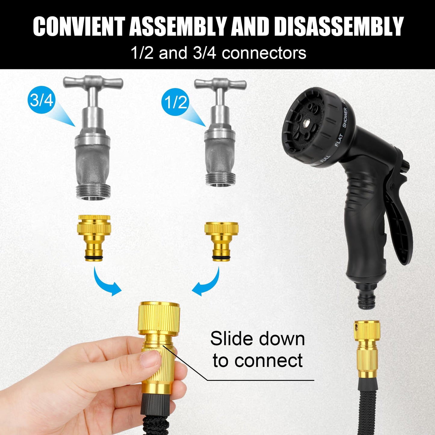 Garden Hose 150FT Flexible Garden Hose Expandable Garden Hose with 10 Function Spray Pattern Nozzles -with 1/2 and 3/4 Brass Fittings Expandable and