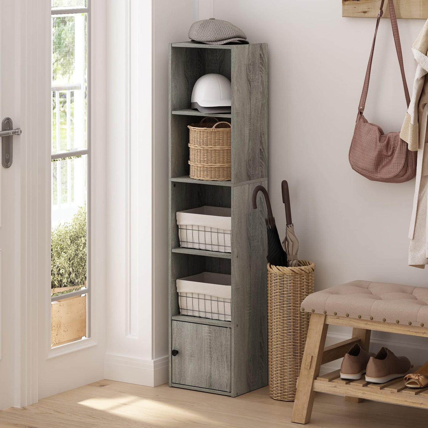 Furinno LUDER Book Shelf, 5-Tier Modern Bookshelf, Bookcase with 1 Door Storage Cabinet, 9.3 x 12 x 52, for Living Room, Bedroom, Home Office