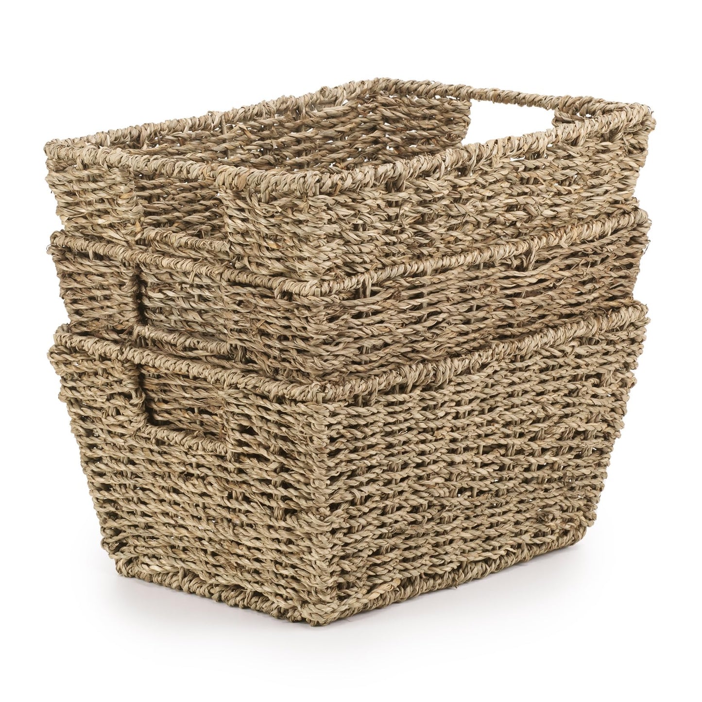 Woodluv Seagrass Woven Wicker Shelf Storage Basket Set, Display Gift Hampers, Set of 3 Handwoven Multi-Purpose Shelves Storage Baskets W/Handles for