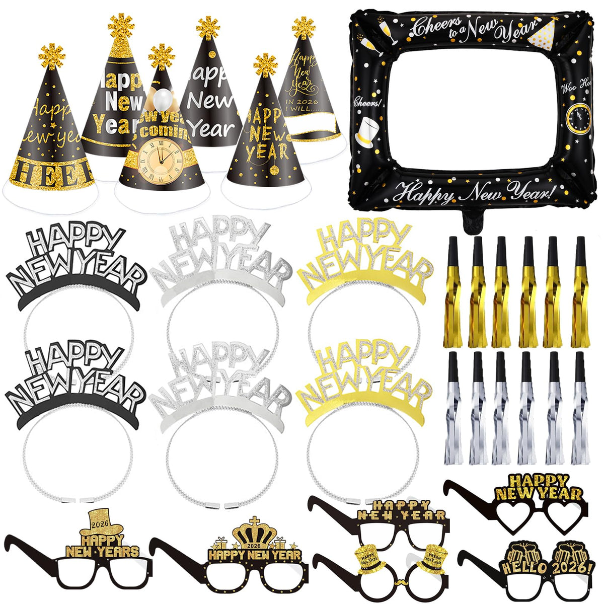 New Years Eve Decorations 2026 Party Accessories,Happy New Year Party Hats,Happy New Year Headband,Photo Booth Props,Paper Eyeglasses,Partyy