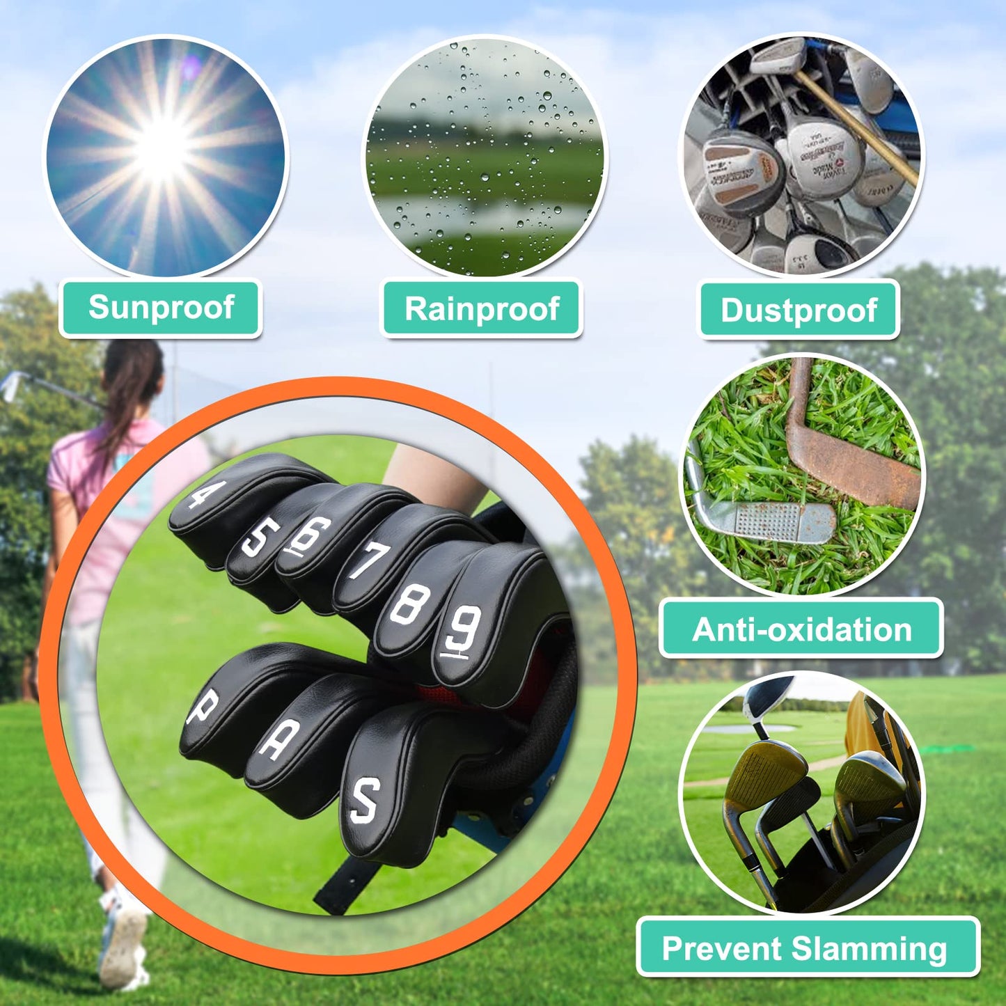 Big Teeth Golf Hybrid Iron Head Covers Right&left handed clubs Headcovers 9Pcs (4-9,P,A,S) Long Neck fit for Cleveland Launcher Set,Cobra