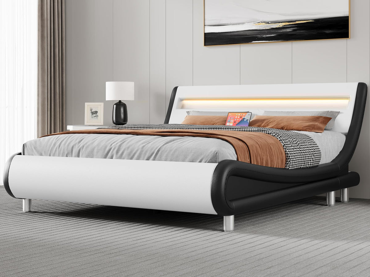 YITAHOME King Bed Frame,Upholstered Led Bed Frame with Lights & Storage Charging Station,Platform Bed Frame with Pu Leather/No Box Spring Needed,White