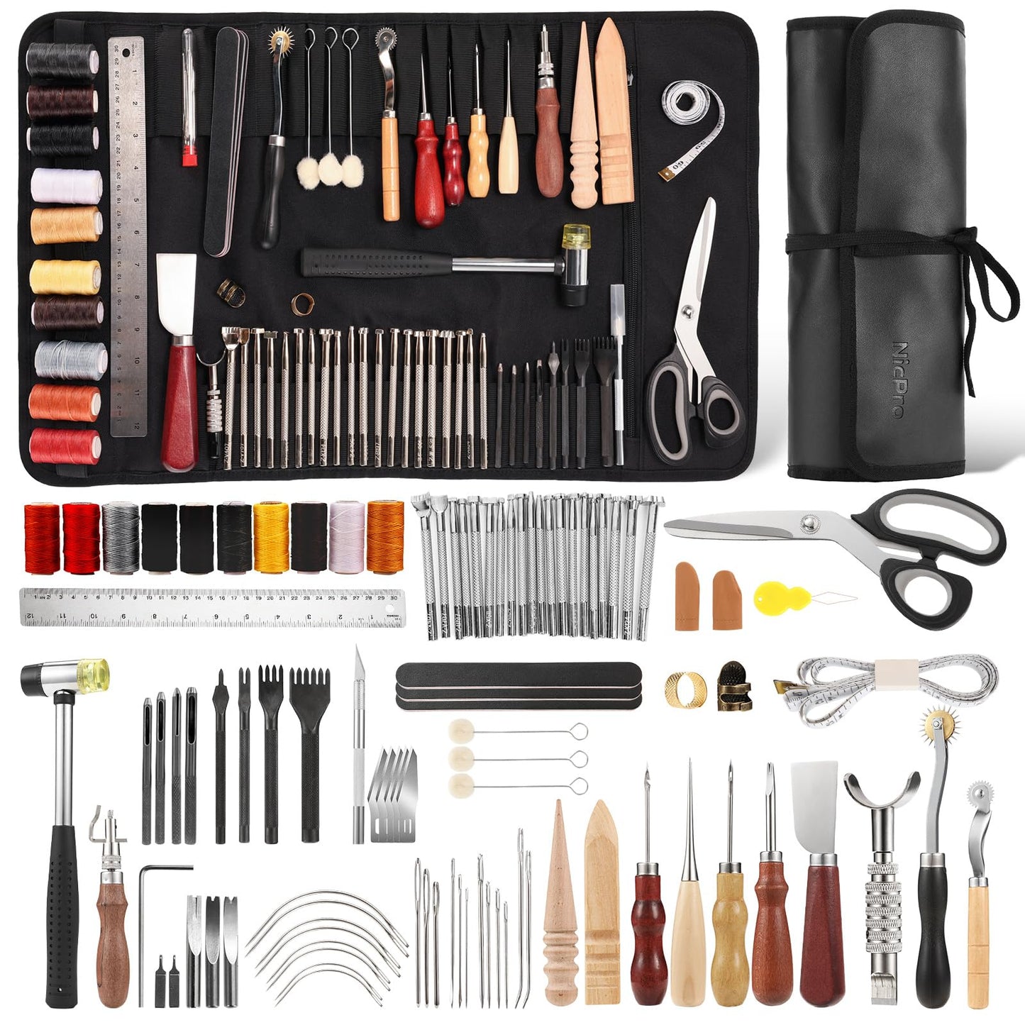 Nicpro 85PCS Leather Tooling Kit Leather Working Tools Kit with Custom Storage Bag, Adults Leather Making Craft Tools Beginner Kit for Stamping Sewing