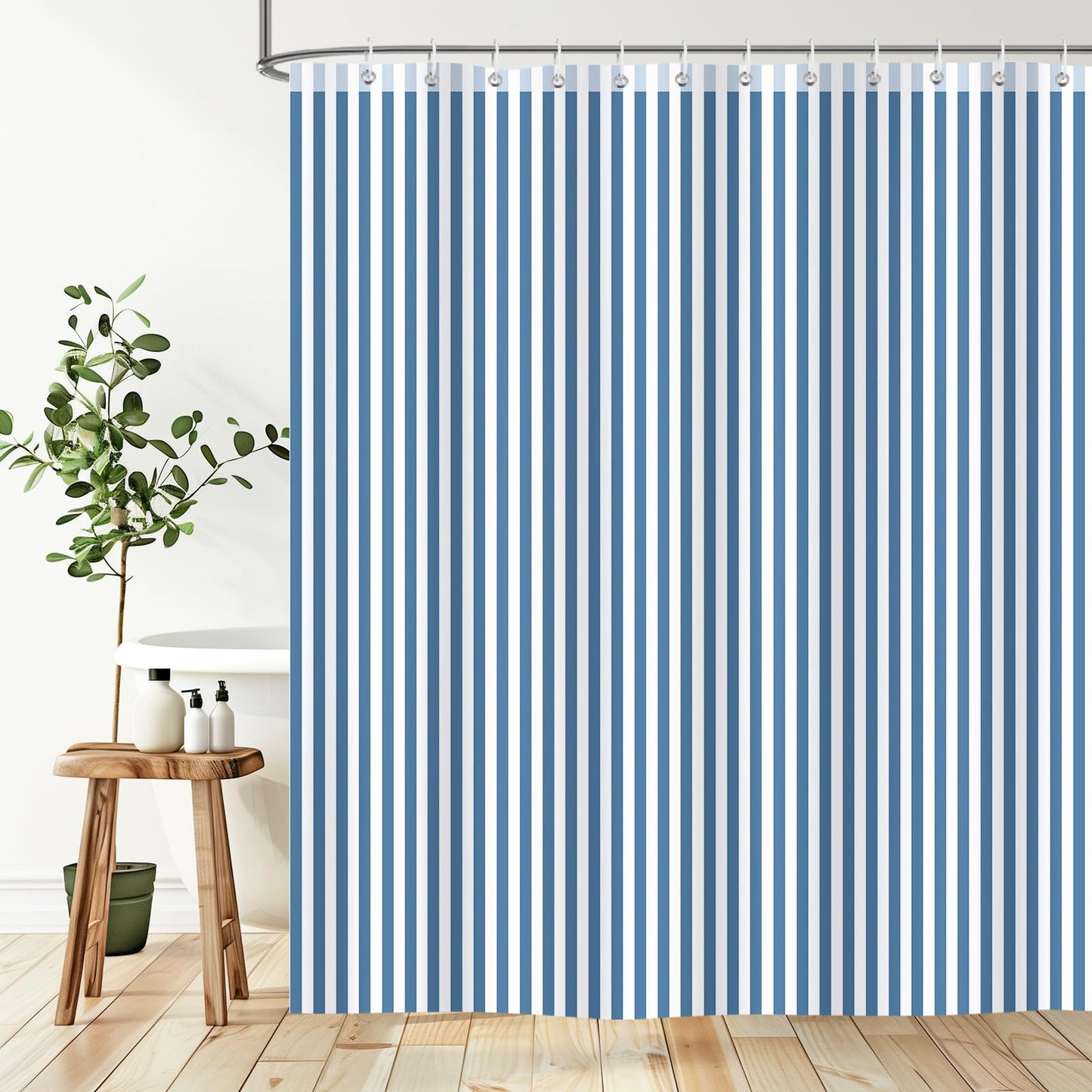 Hopomoon Blue and White Striped Shower Curtain,Vintage Blue Vertical Striped Geometric Waterproof Polyester Fabric Bath Curtain with 12 Hooks 72 x 72