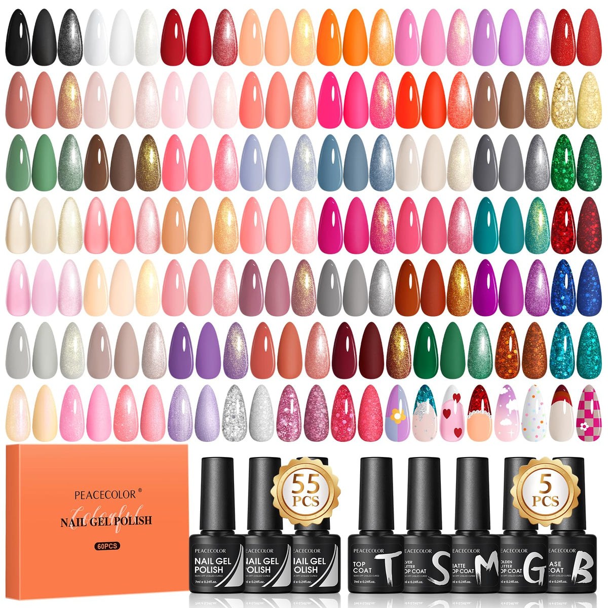 Peacecolor 60PCs Gel Nail Polish Set 55 Autumn Winter Colors Brown Pink Red Gel Polish with 5Pcs Glossy/Matte/Glitter Top Base Coat Soak Off Long