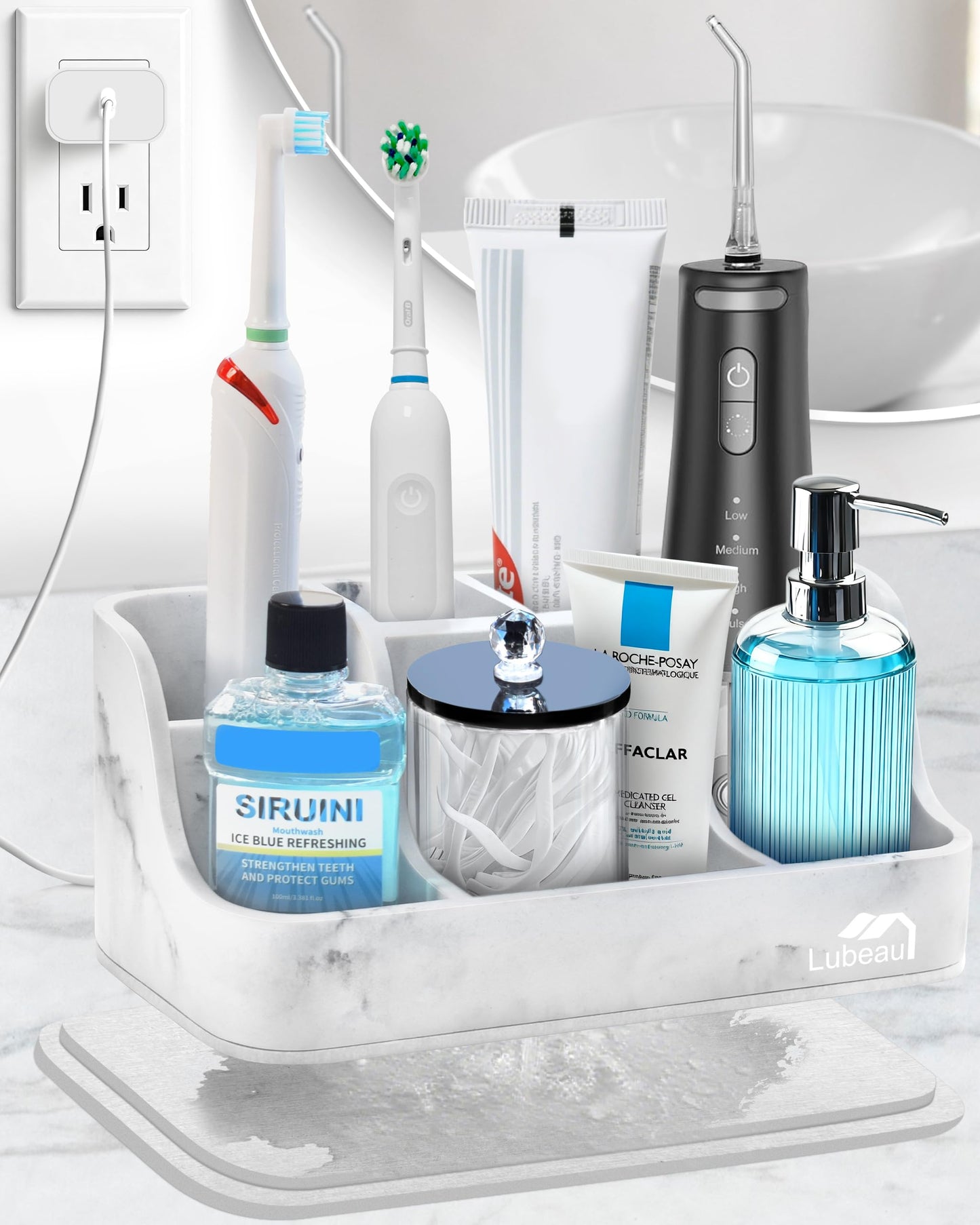 Lubeau Instant-Dry Electric Toothbrush Holder with 6 Slots, Heavy-Duty Large Premium Countertop Organizer with Cable Holes, for Manual & Electric