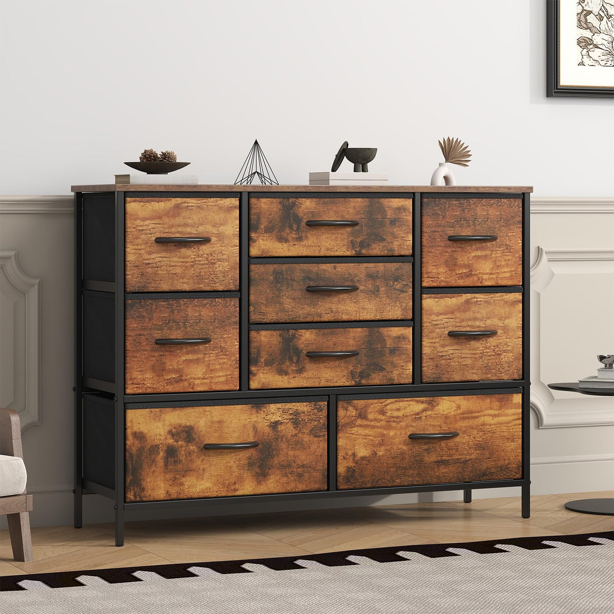 GoaHi Chest of Drawers, Large Dressers with Metal Frame and MDF Wooden Top Board, Adjustable Feet, Anti-Tip Safety