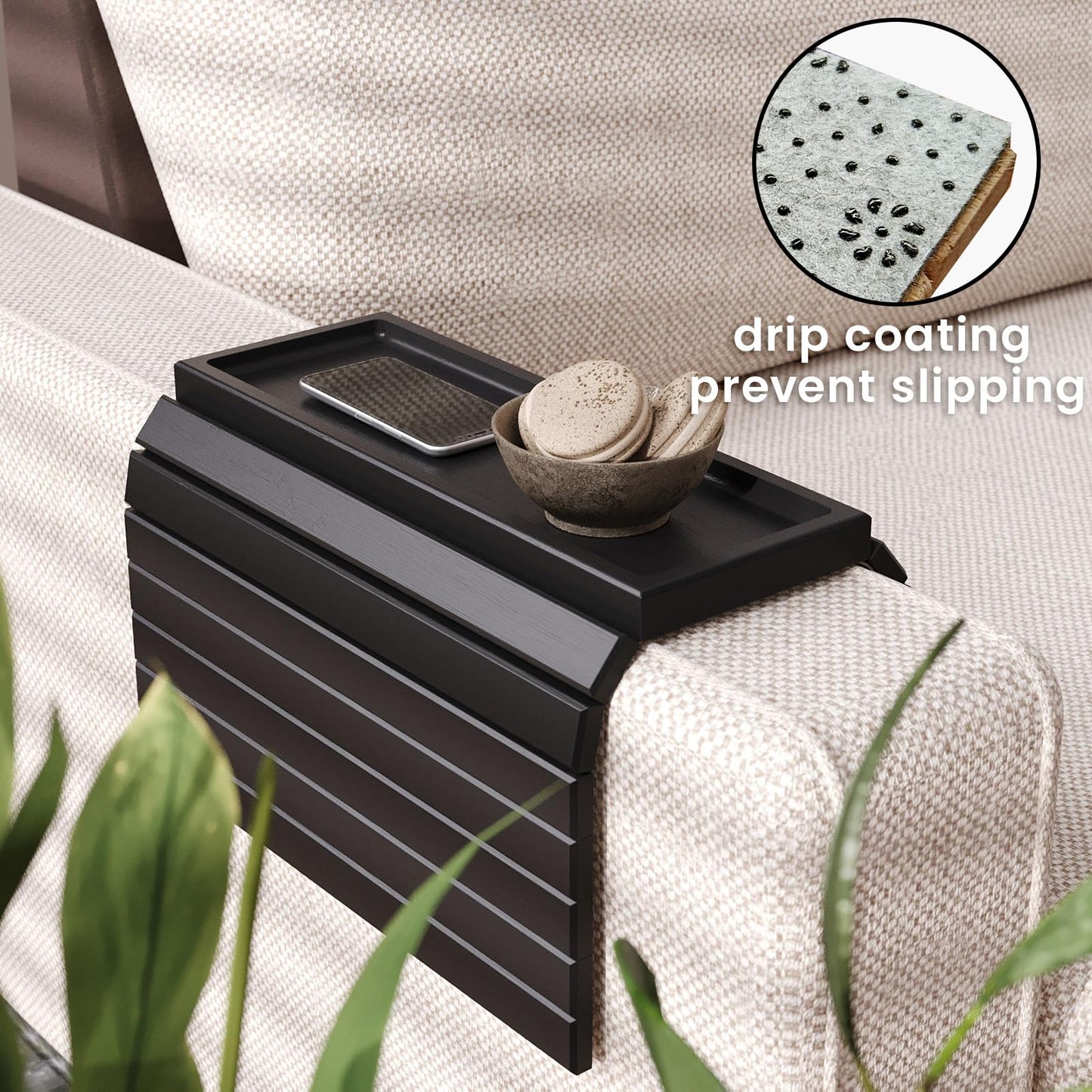 Fibogollo Sofa Arm Tray,Bamboo Folding Couch Arm Tray,1 Pc Sofa Armrest Trays with Anti-Slip Pad for Drinks,Snacks,Phone,Remote Control（Black）