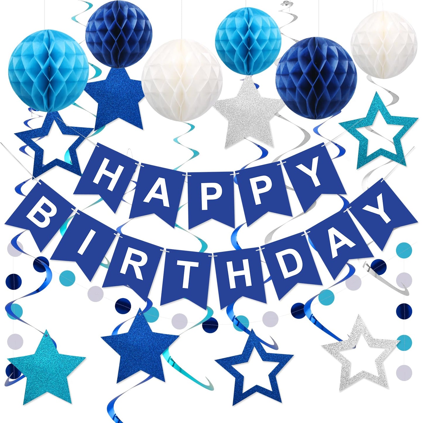 Blue Birthday Decoration, Navy Blue Happy Birthday Banner with Honeycomb Ball, Star Hanging Swirl Streamer, Circle Dot Garland Decroations, Birthday