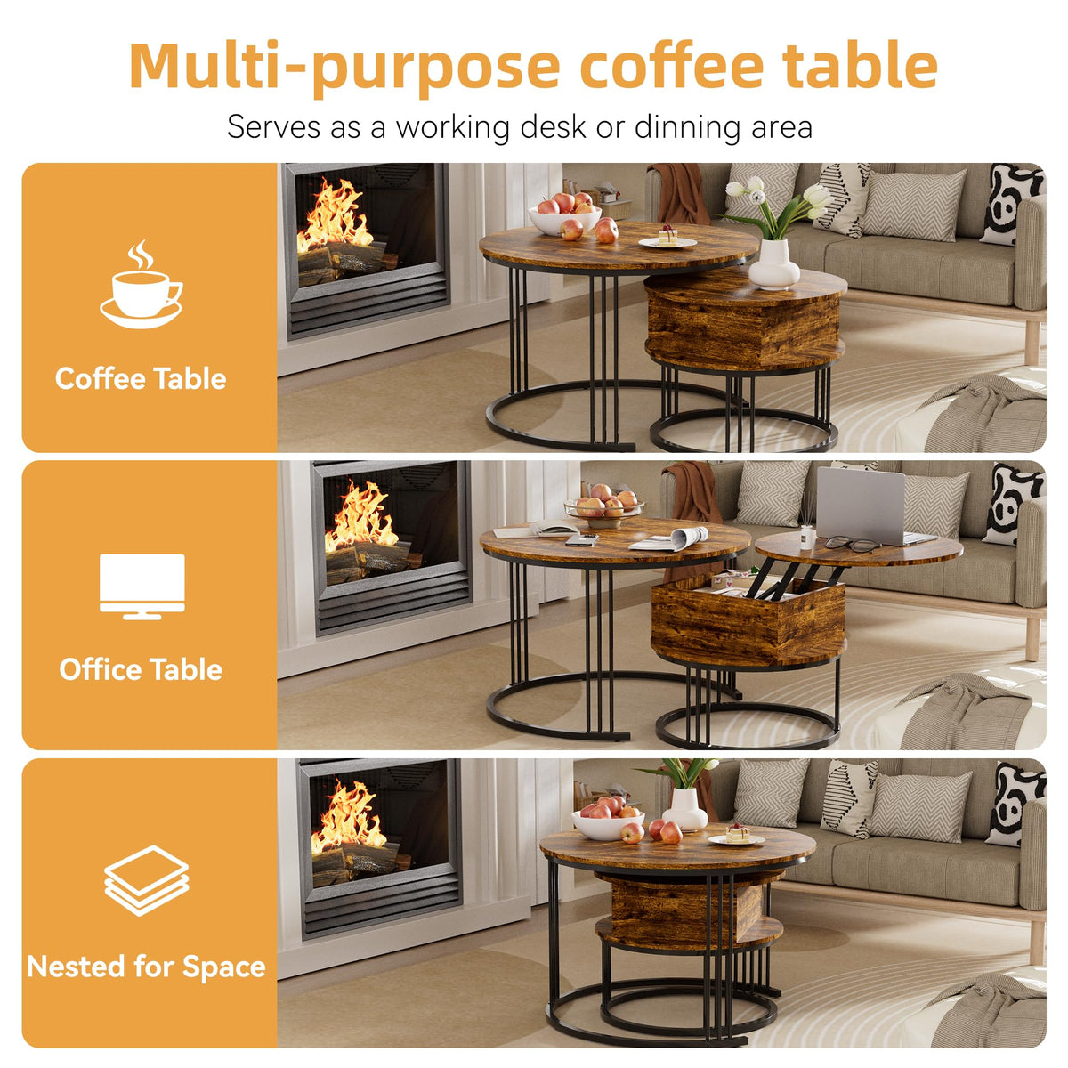 PURFINO Round Coffee Table - 70cm/50cm Nesting Tables Set of 2, Hydraulic Lift-Top with Hidden Storage, Centre Table for Living Room, Small Space