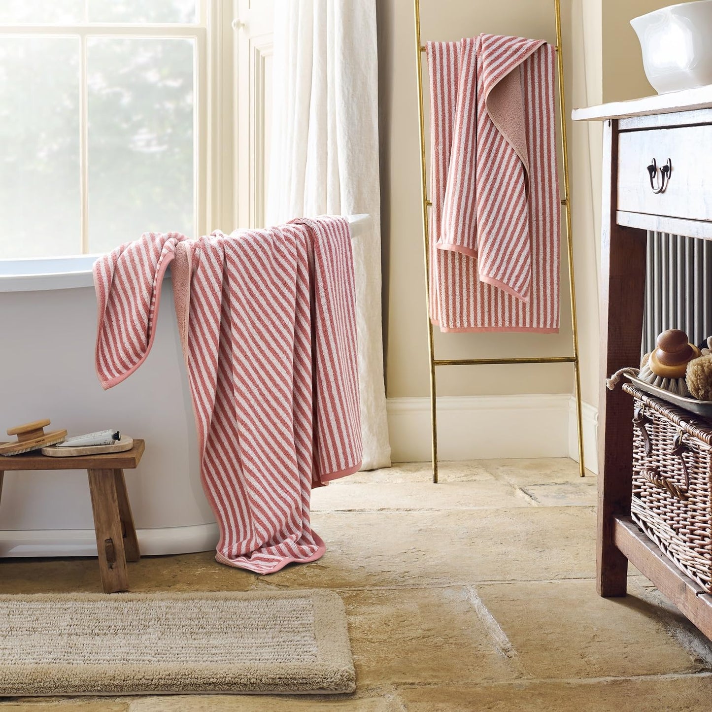 Christy Portobello Stripe Bath Sheets | Set of 2 | 100% Combed Cotton | 550GSM | 90cm x 160cm | Quick Dry | Rose Pink