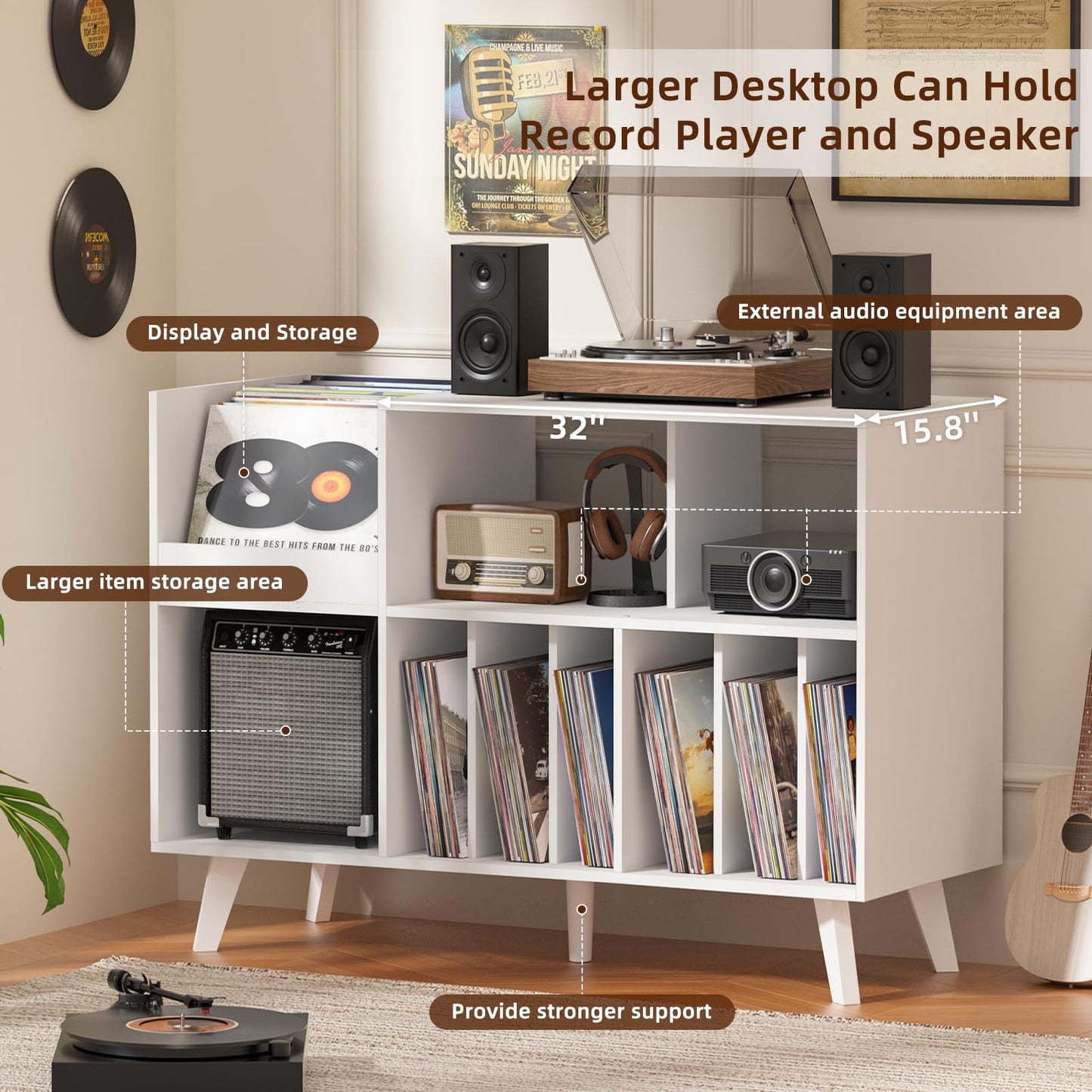 LELELINKY Large Record Player Stand, Turntable Stand with Storage, Vinyl Holder with Display Area, Record Player Table Holds Up to 450 Albums