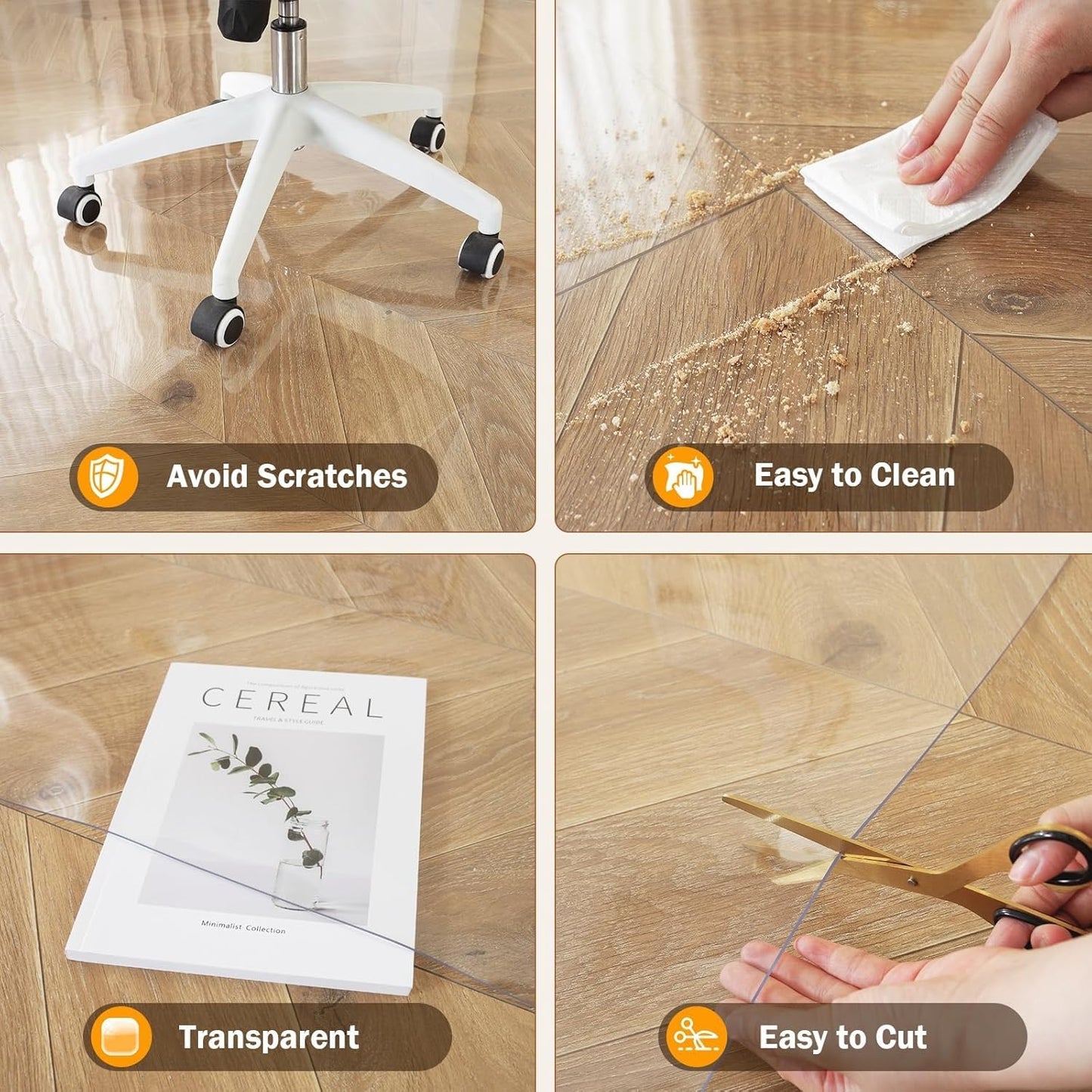 Royhom Plastic Floor Protector for 0ffice Chair, Clear Chair Mat for Hard floor, Transparent PVC Floor Mats 45x180cm, Gaming Chair Mat