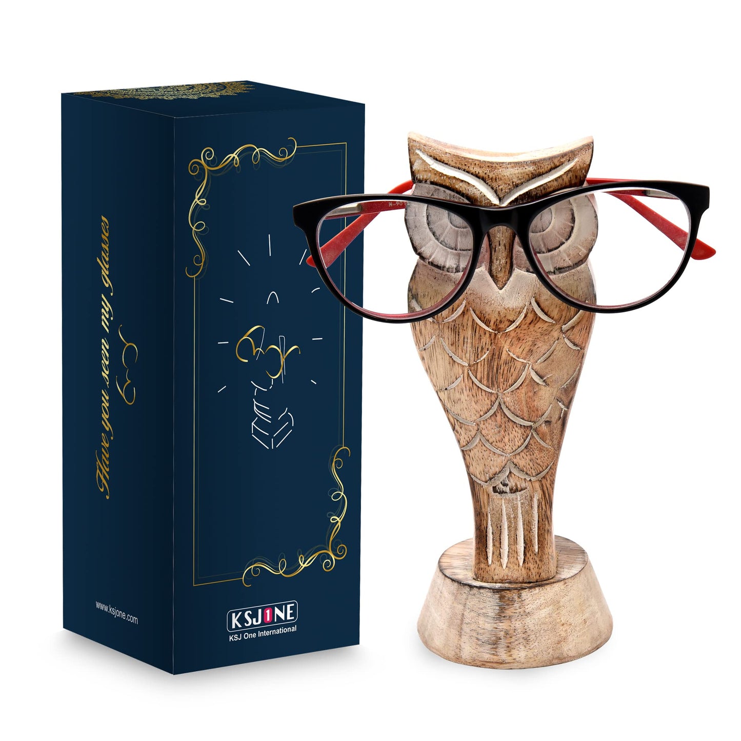KSJONE Gift Packaged Unique Owl Spectacle Holder Wooden Eye glasses Stand Handmade Gift for Women and Men Home Office Gift for Teacher Him Her Mom