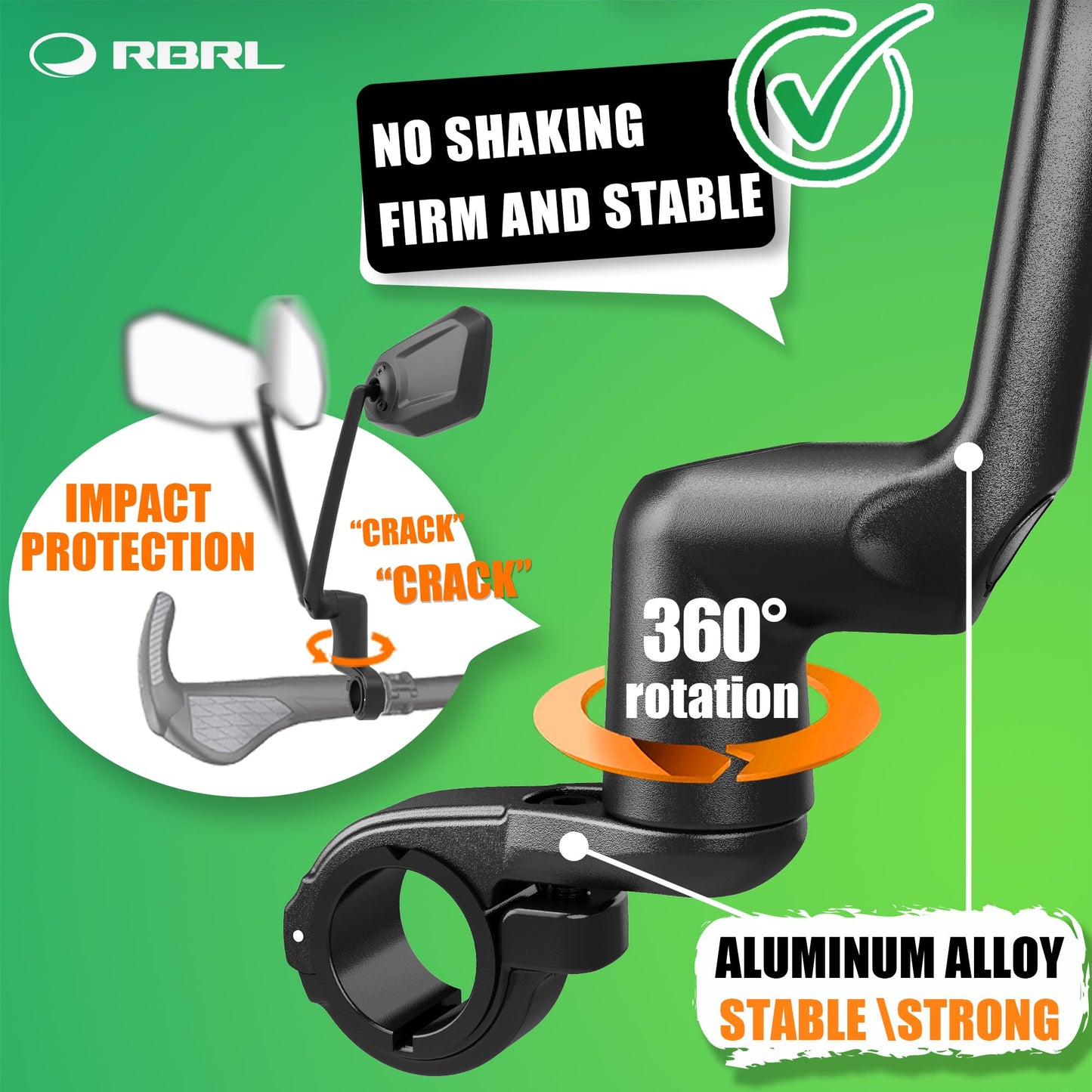 RBRL Bike Mirror, Aluminum Alloy Bicycle Mirror Handlebar Mount, Anti-shake & Break-proof, Foldable HD Real Glass Rotatable Ebike Accessories, Bike