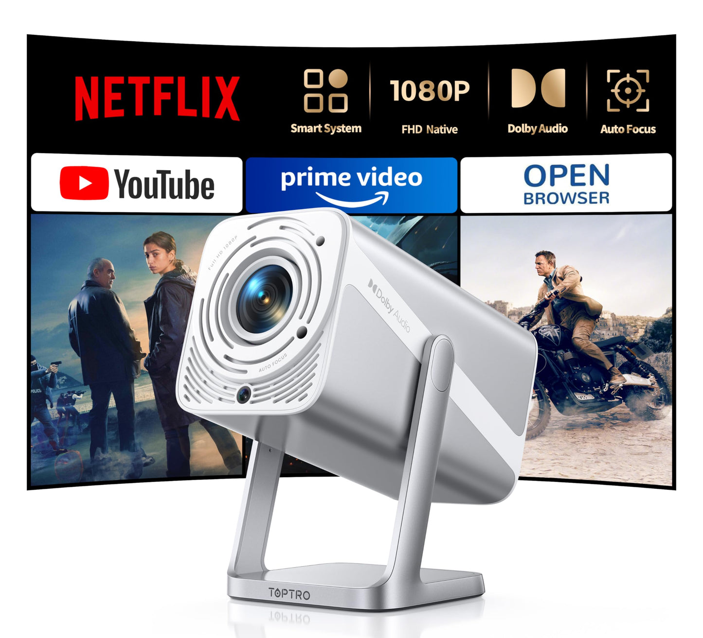 TOPTRO Projector 4K?Netflix Officially & DoIby Audio?Smart Projector with 360? Adjustable Stand, 30000 Lumens FHD 1080P WiFi 6 Bluetooth, Auto Focus &