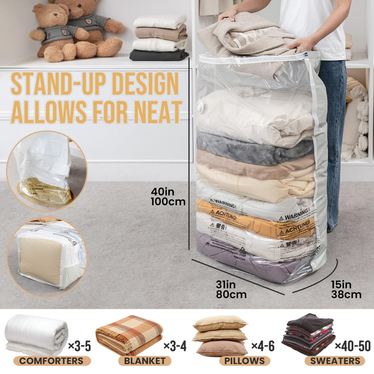 TAILI Extra Large Vacuum Storage Bags Cube 4 Jumbo(80x100x38 CM), Cream
