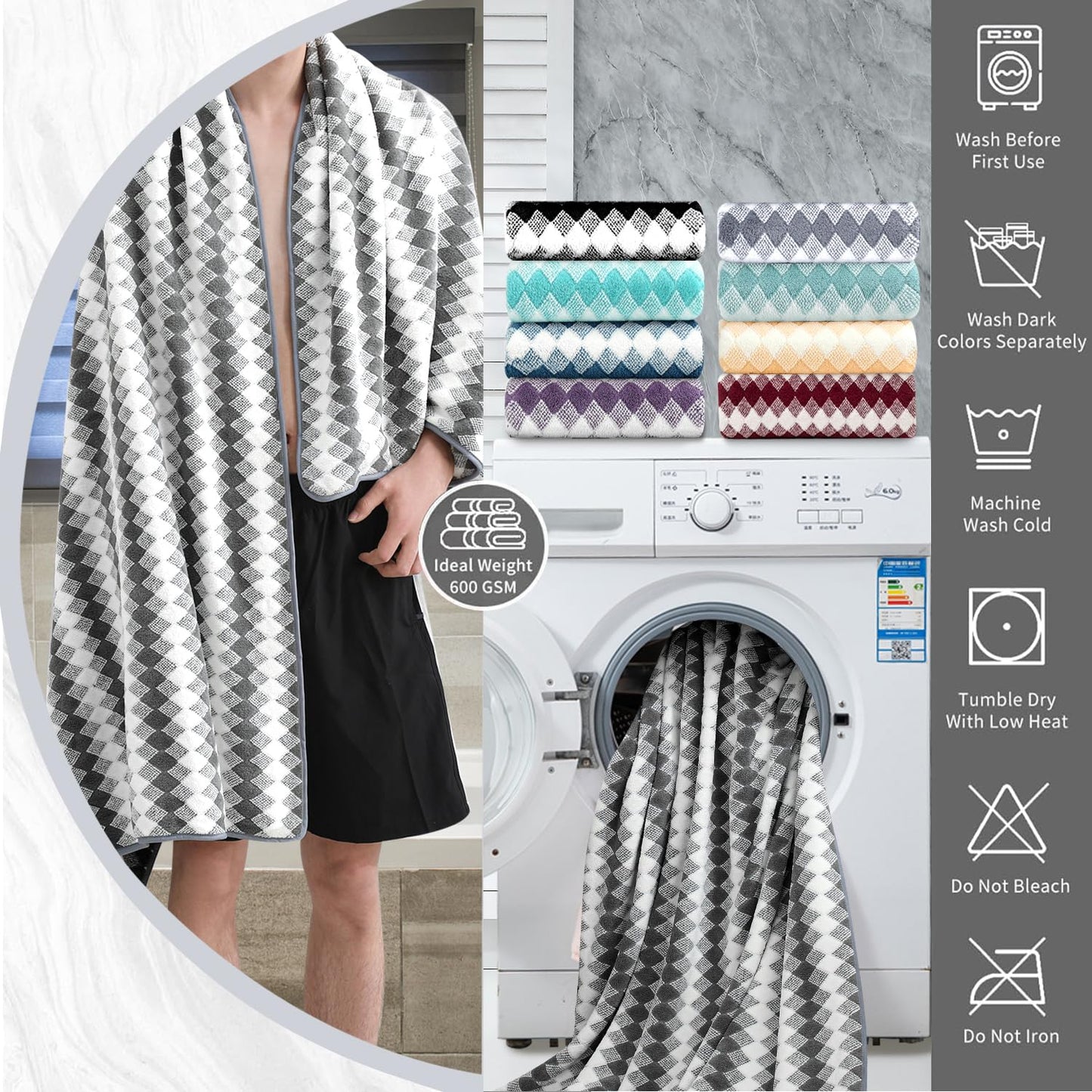8 Piece Bathroom Towel Set Dark Grey|2 Oversized Large Bath Towels Sheet,2 Hand Towels,4 Washcloths| 600GSM Soft Premium Towel Set for Bathroom