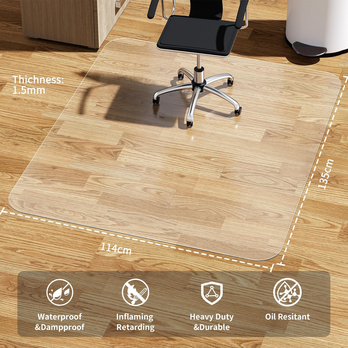 WASJOYE Office Chair Mat for Hardwood Floor 135x114cm