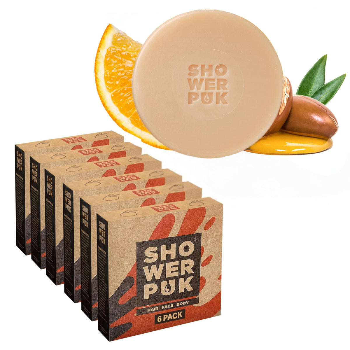 Shower PUK All-in-One Bar: Natural Shampoo, Body Wash & Face Soap with Shea Butter, Argan Oil & Long-Lasting Citrus Scent - Eco-Friendly,
