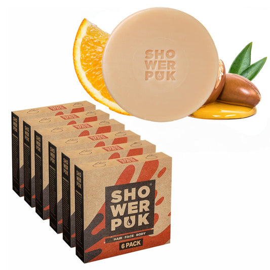 Shower PUK All-in-One Bar: Natural Shampoo, Body Wash & Face Soap with Shea Butter, Argan Oil & Long-Lasting Citrus Scent - Eco-Friendly,