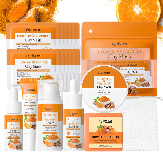 Quiyum Turmeric Vitamin C Skincare Set, Radiance, Hydrating Face & Body Care Kit, Serum,Eye Cream, Cream,Facial Oil,Handmade Soap & Clay Mask, Pamper