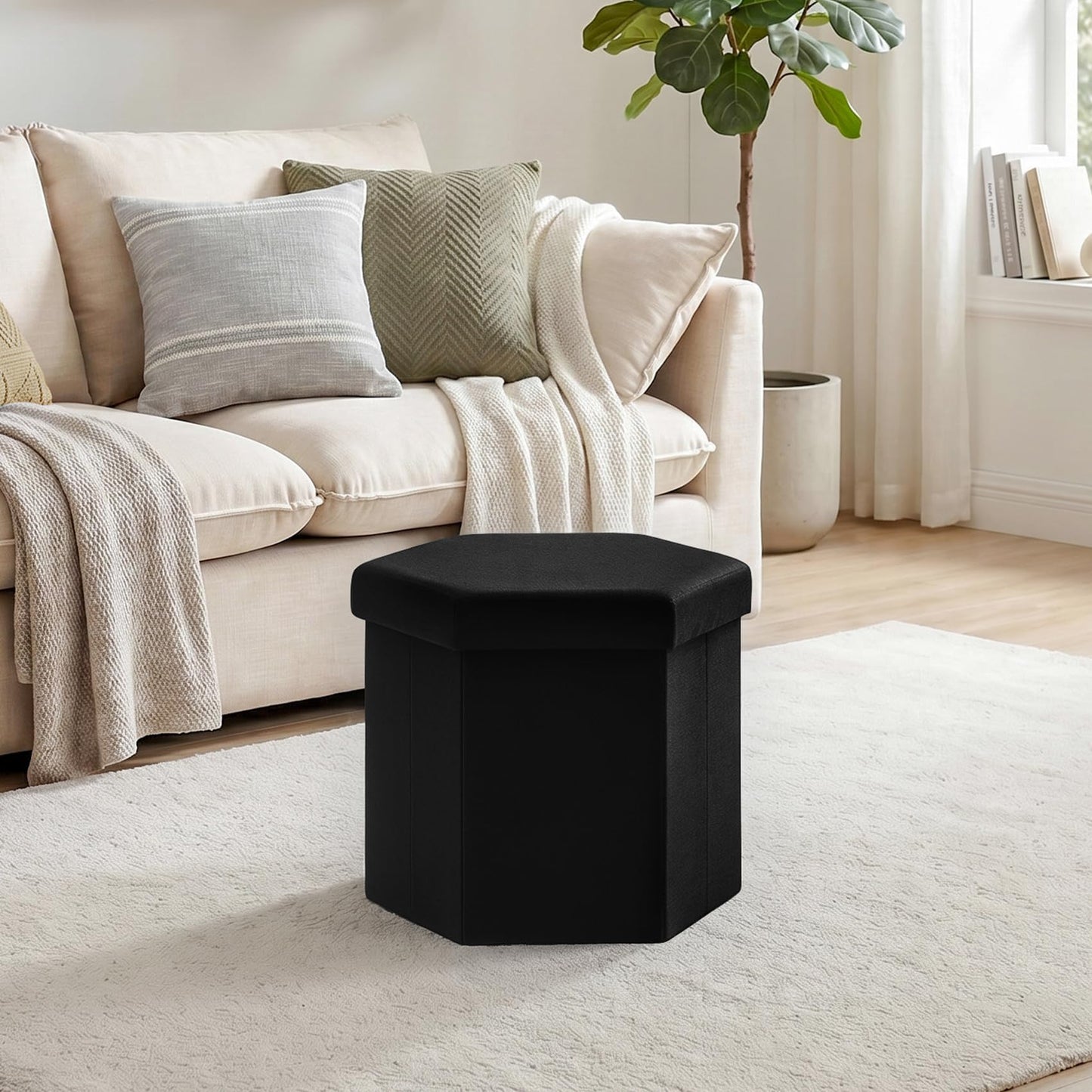 PINPLUS Folding Storage Ottoman, Linen Hexagonal Footrest, Black