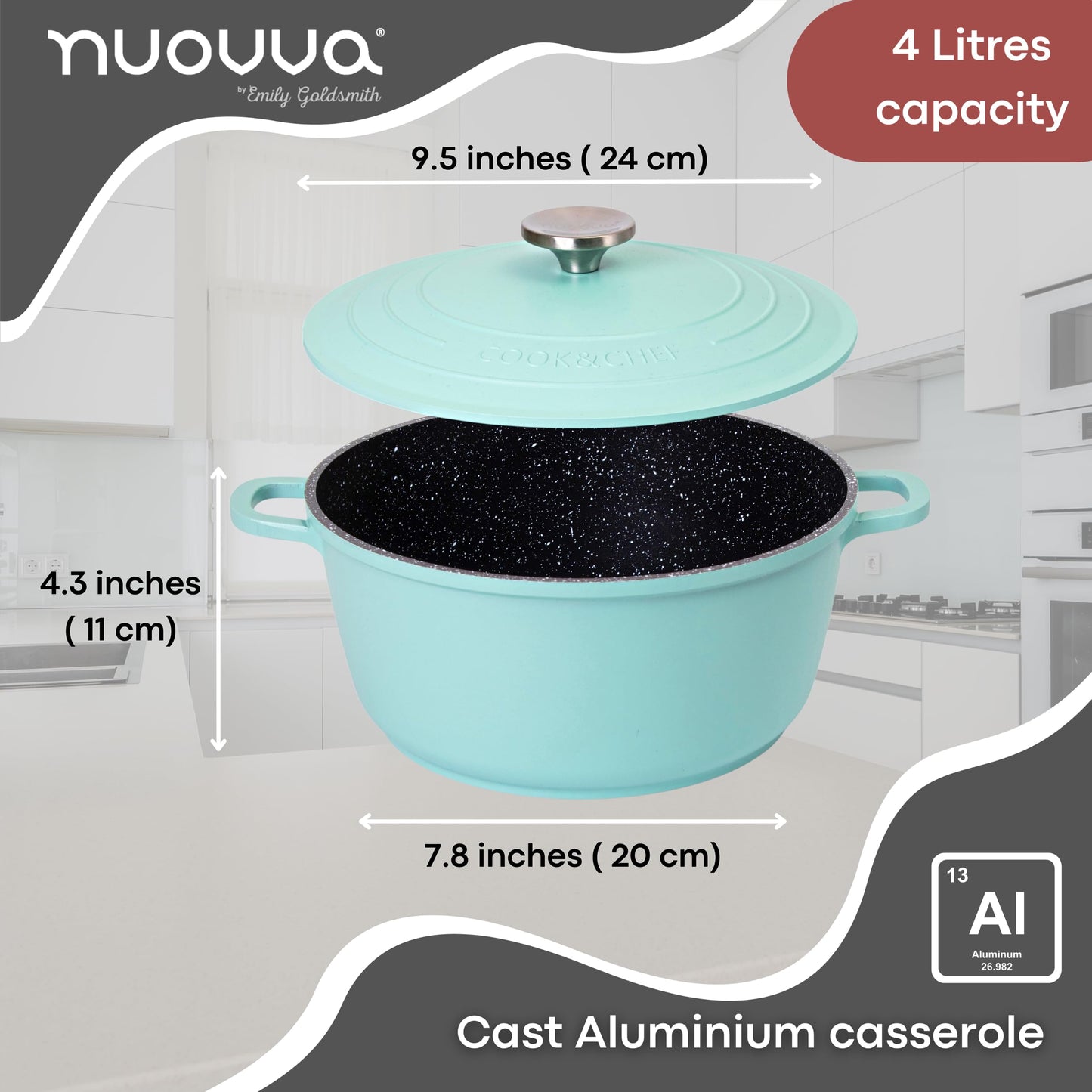 Casserole Dishes with Lid Oven Proof  Non Stick Deep Dutch Oven  Induction Cooking Pot  Oven Safe Aluminium Stockpot  4L, 24cm, Teal  by Nuovva