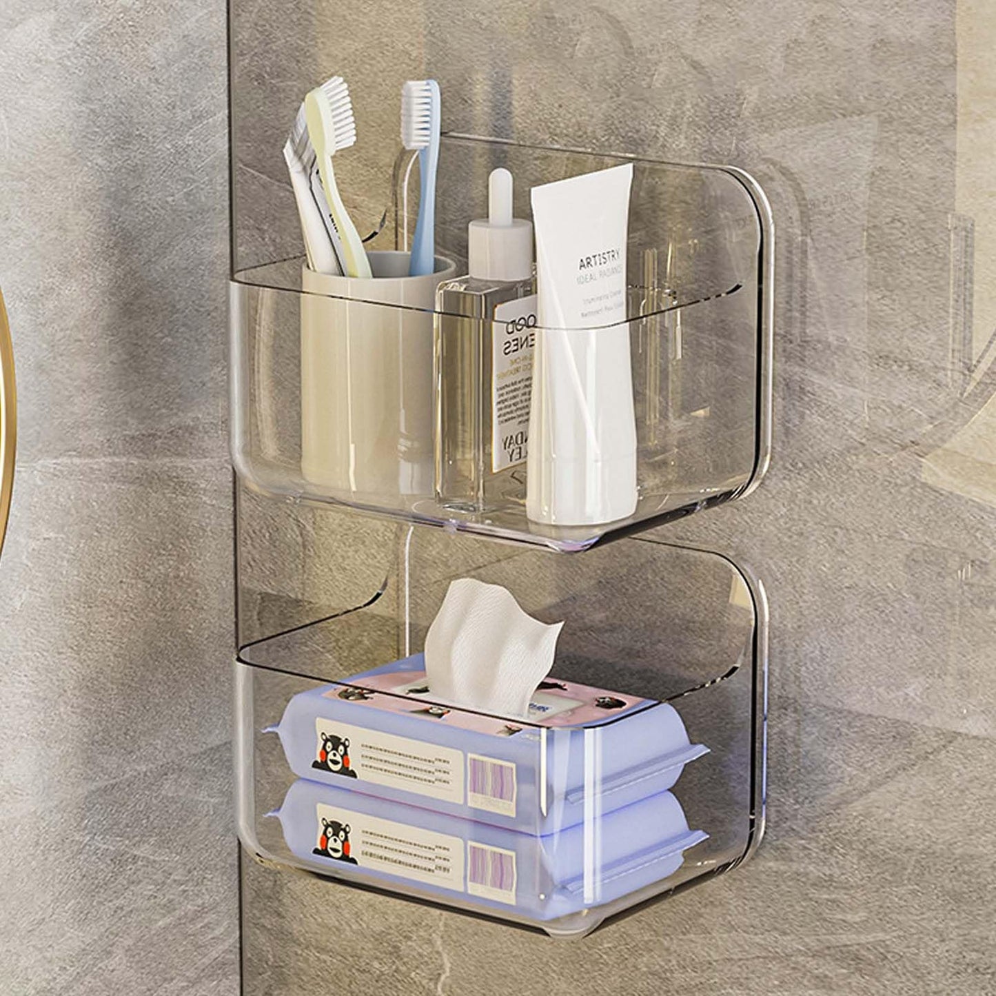 DEARBAG 2 Pack Transparent Shower Storage Rack Bathroom Storage Rack Punch-Free Self-Adhesive Wall-Mounted with Drainage Holes Waterproof Plastic