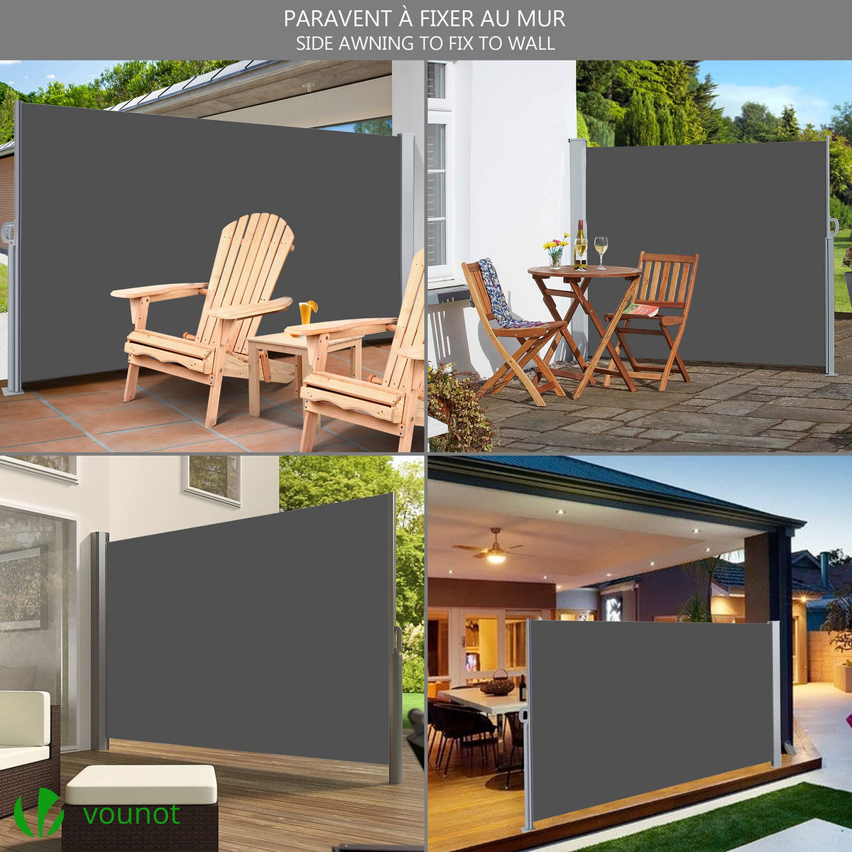 VOUNOT? Side Awning Retractable, Outdoor Privacy Screen for Garden, Balcony, Terrace, 160 x 300 cm, Grey