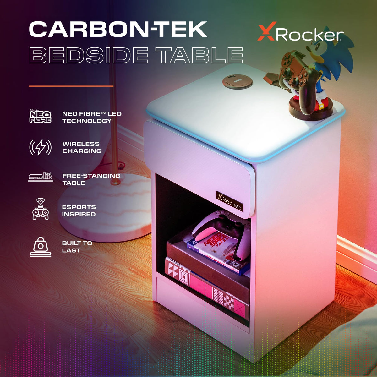X-Rocker Carbon-Tek 36cm Width, RGB LED Bedside Table & Drawer - Neo Fibre Lighting, Wireless Charging, Storage Shelf