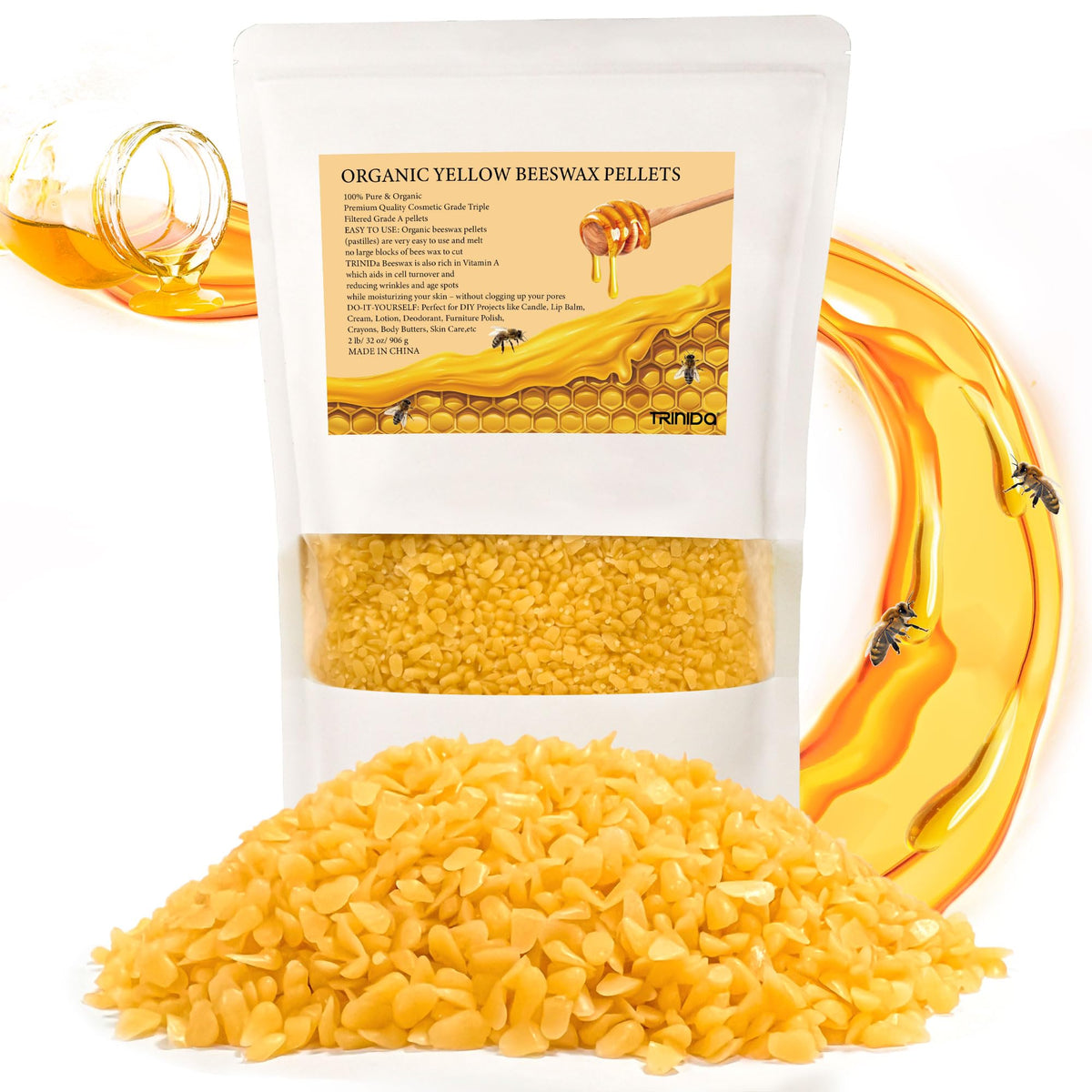 TRINIDa Beeswax Pellets 906g(32 oz), Yellow Bees Wax for DIY Candles, Beeswax for Candle Making, Skin, Body, Face, and Hair Care, Lotions, DIY Creams,