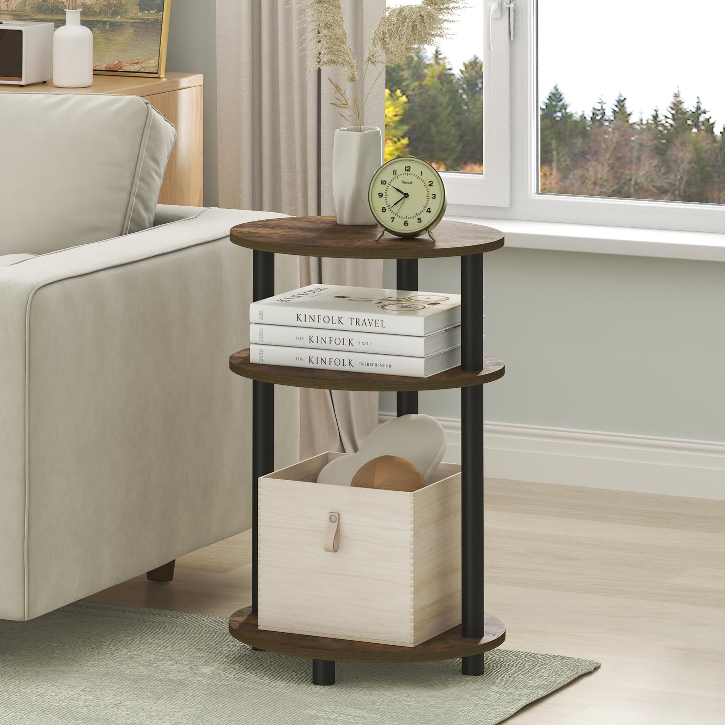 Furinno TURN-N-TUBE Side Table, 3-Tier Oval End Table, Night Stand, Bedside Table, for Living Room, Bedroom, Amber Pine/Black