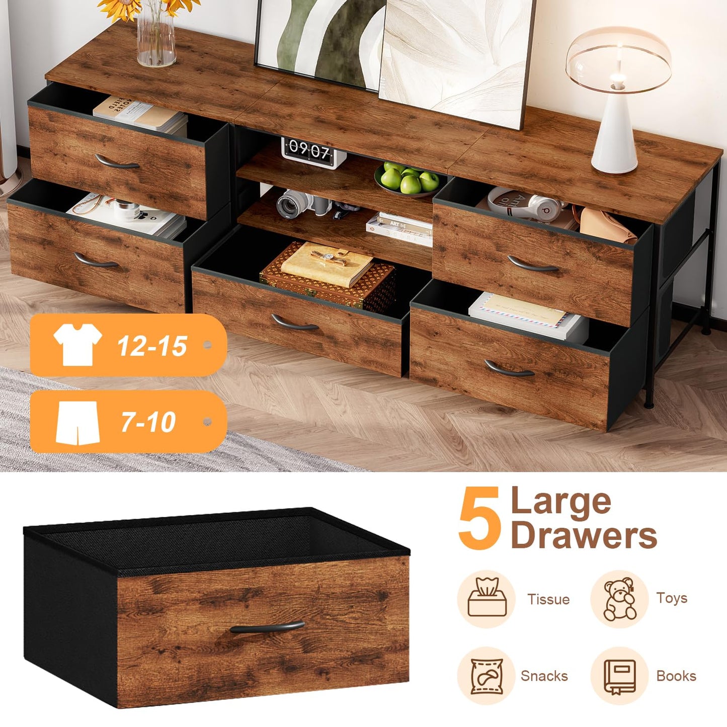 Forthcan TV Stand Cabinet, TV Unit with 5 Drawers, 140 cm, Brown
