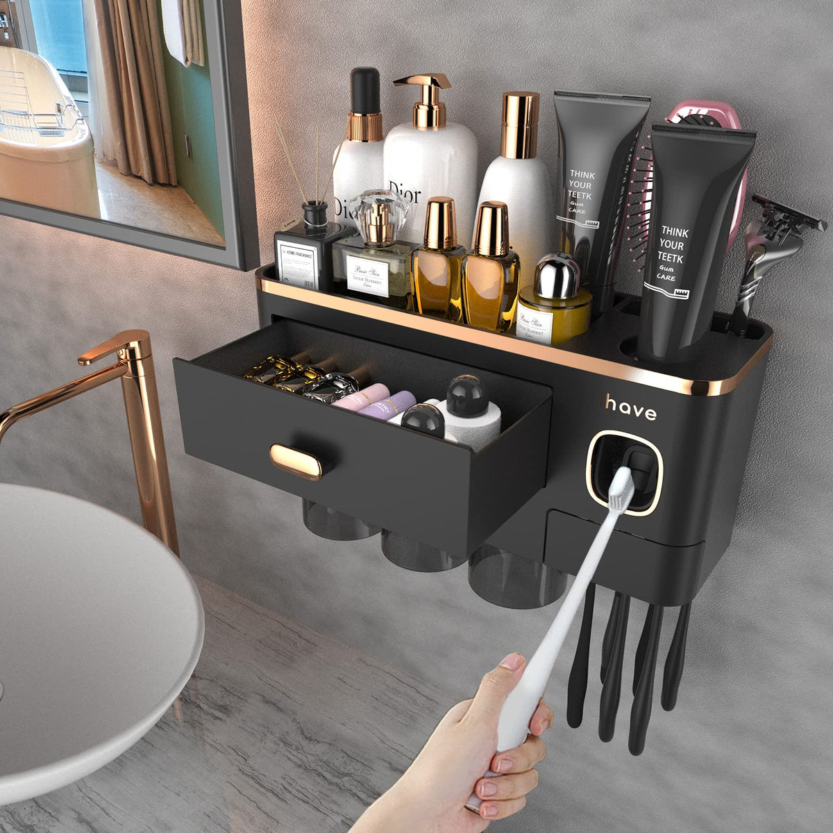 iHave Toothbrush Holder Wall Mounted Bathroom Organiser, Toothbrush Holders for Bathroom with Automatic Toothpaste Dispenser & 3 Cups, Large Capacity