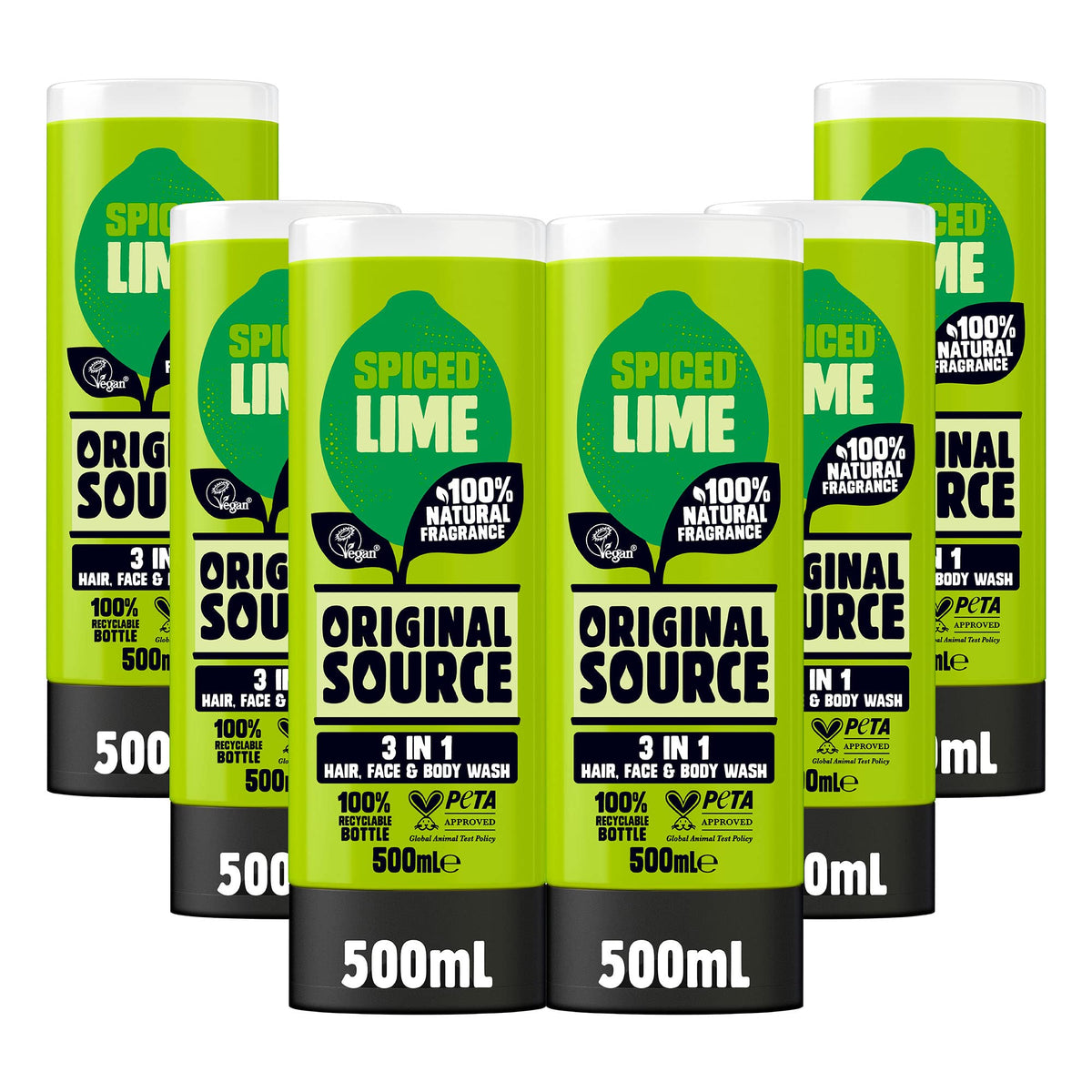 Original Source Mens 3in1 Spiced Lime Shower Gel, 100 Percent Natural Fragrance, Vegan, Cruelty Free, Paraben Free, Bulk Buy, Pack of 6 x 500 ml