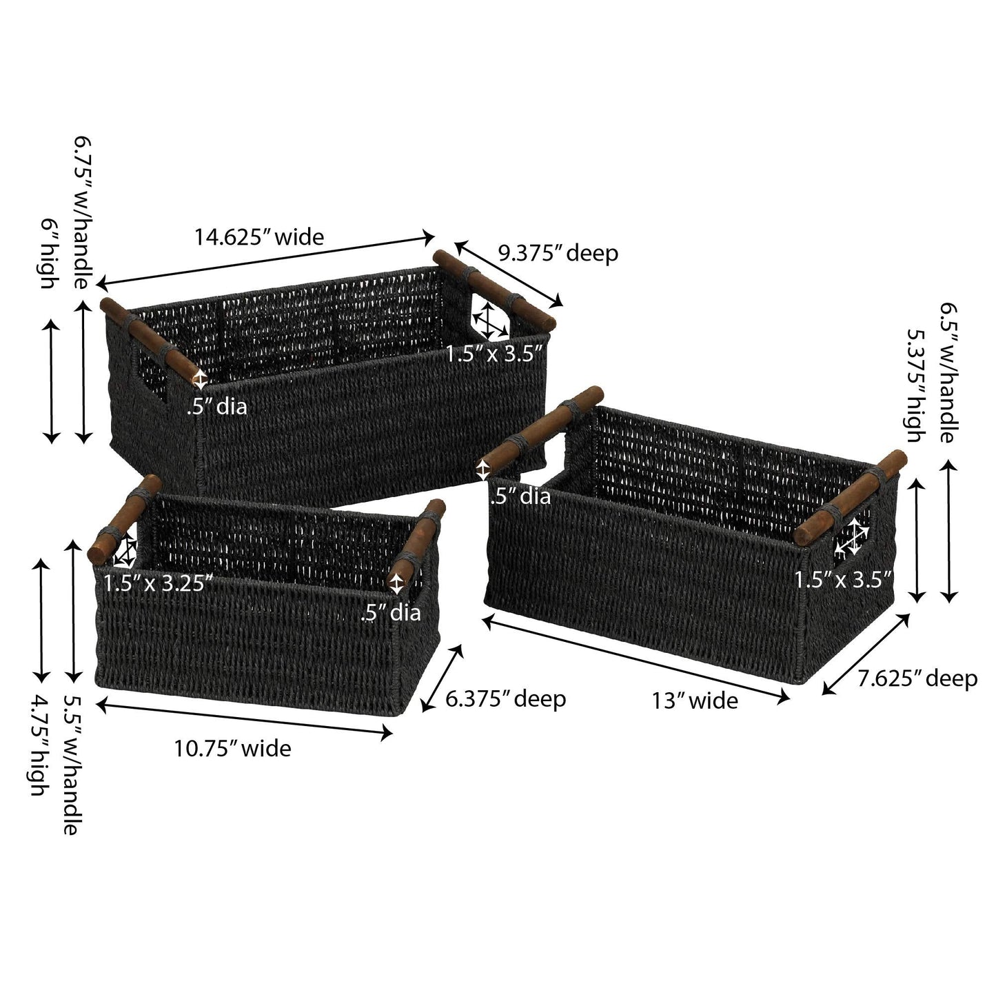 Household Essentials Decorative Woven Baskets, Set of 3 Baskets, Paper Rope with Wood Handles, Sturdy Metal Frame, Small, Medium and Large, Black