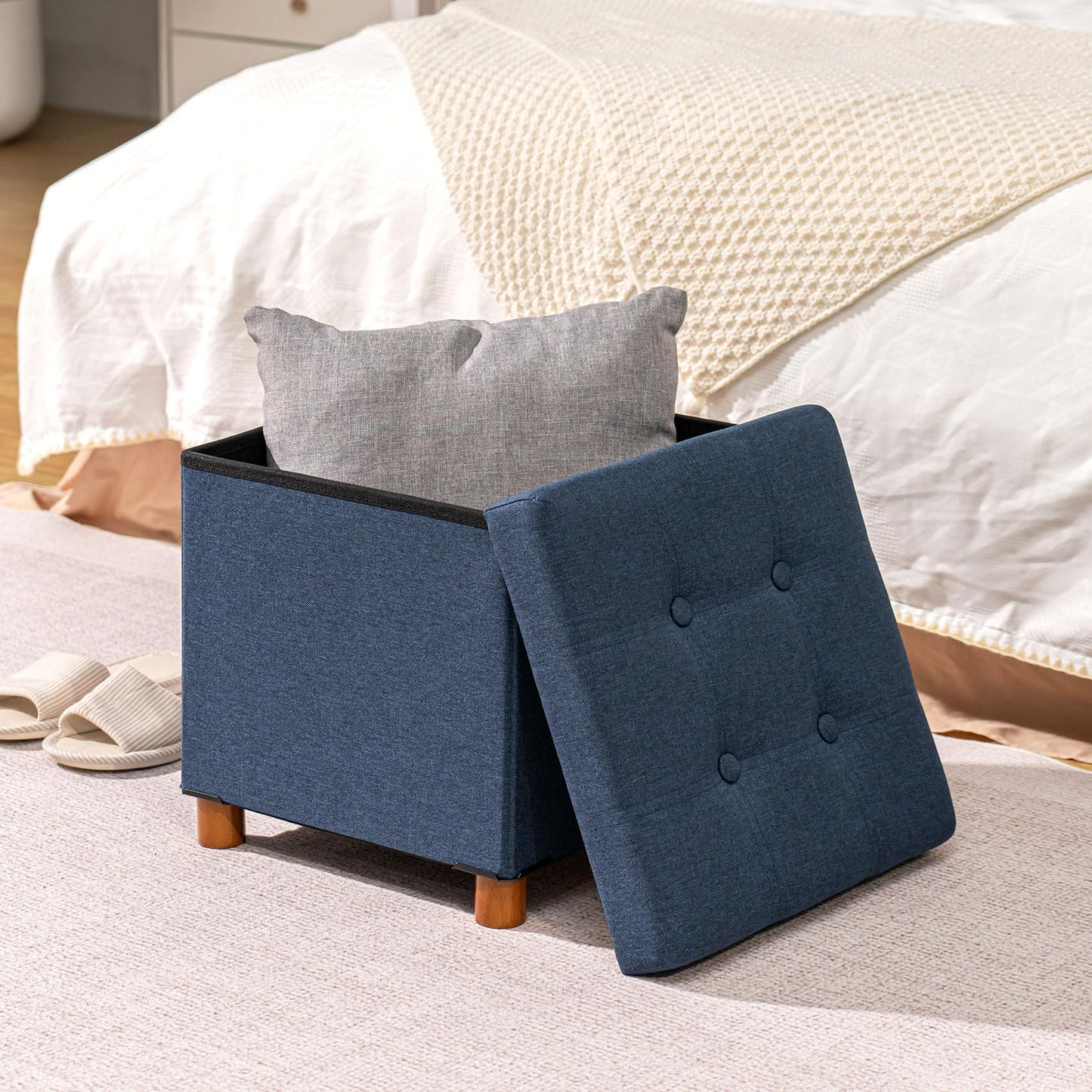 Bonlife Ottoman with Tray, Foldable Storage Box with Wooden Legs