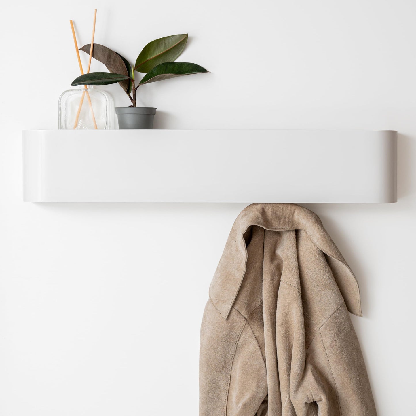 Kazai. Wall-Mounted Coat Rack 'Toke' | Modern Design Coat Rack with Hidden Wall Hooks | Solid Wood Veneer Panel Coat Hanger | White