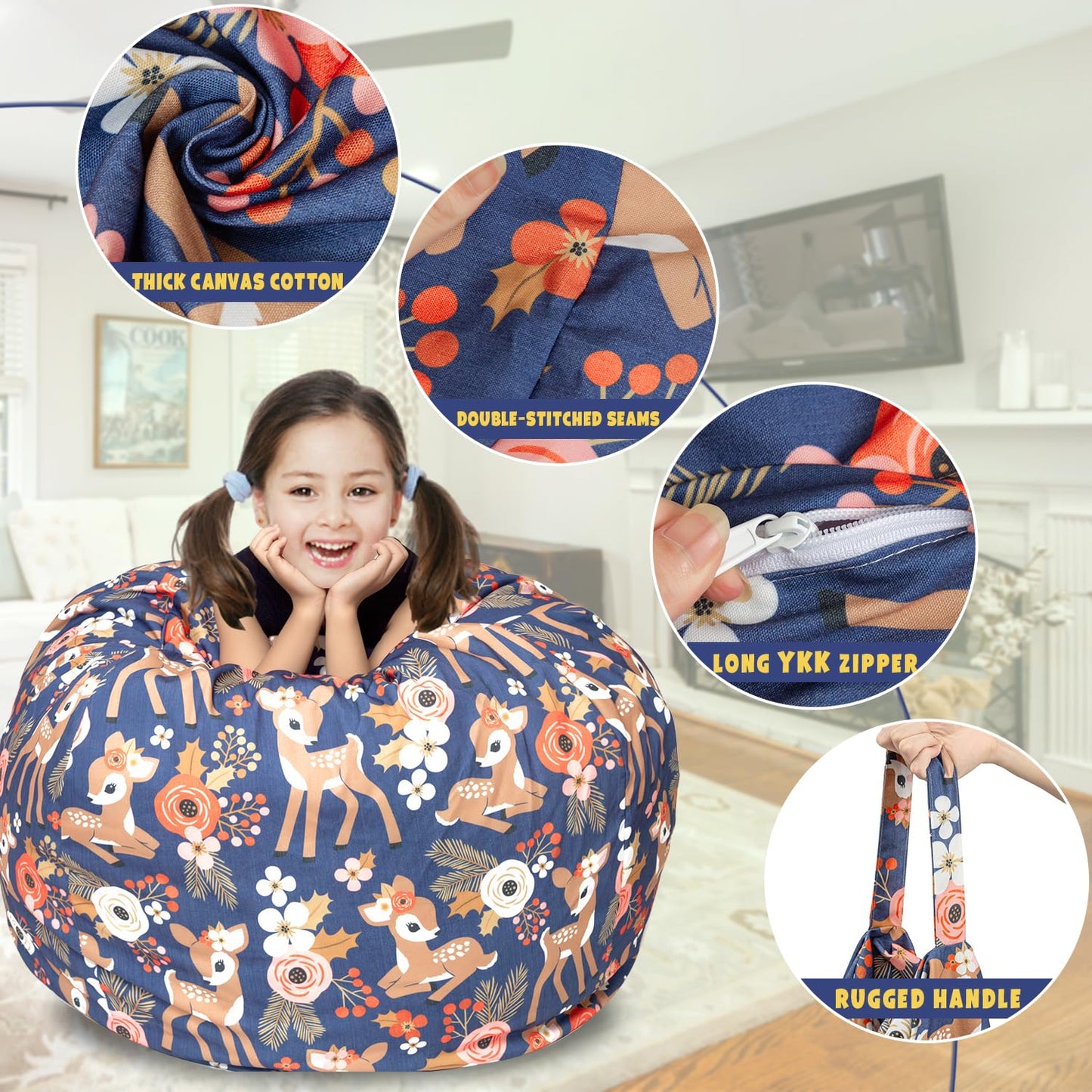 Round Bean Bag Cover Only without Filling, Large Stuffed Animal Bean Bag Storage, Bean Bag Chair Cover