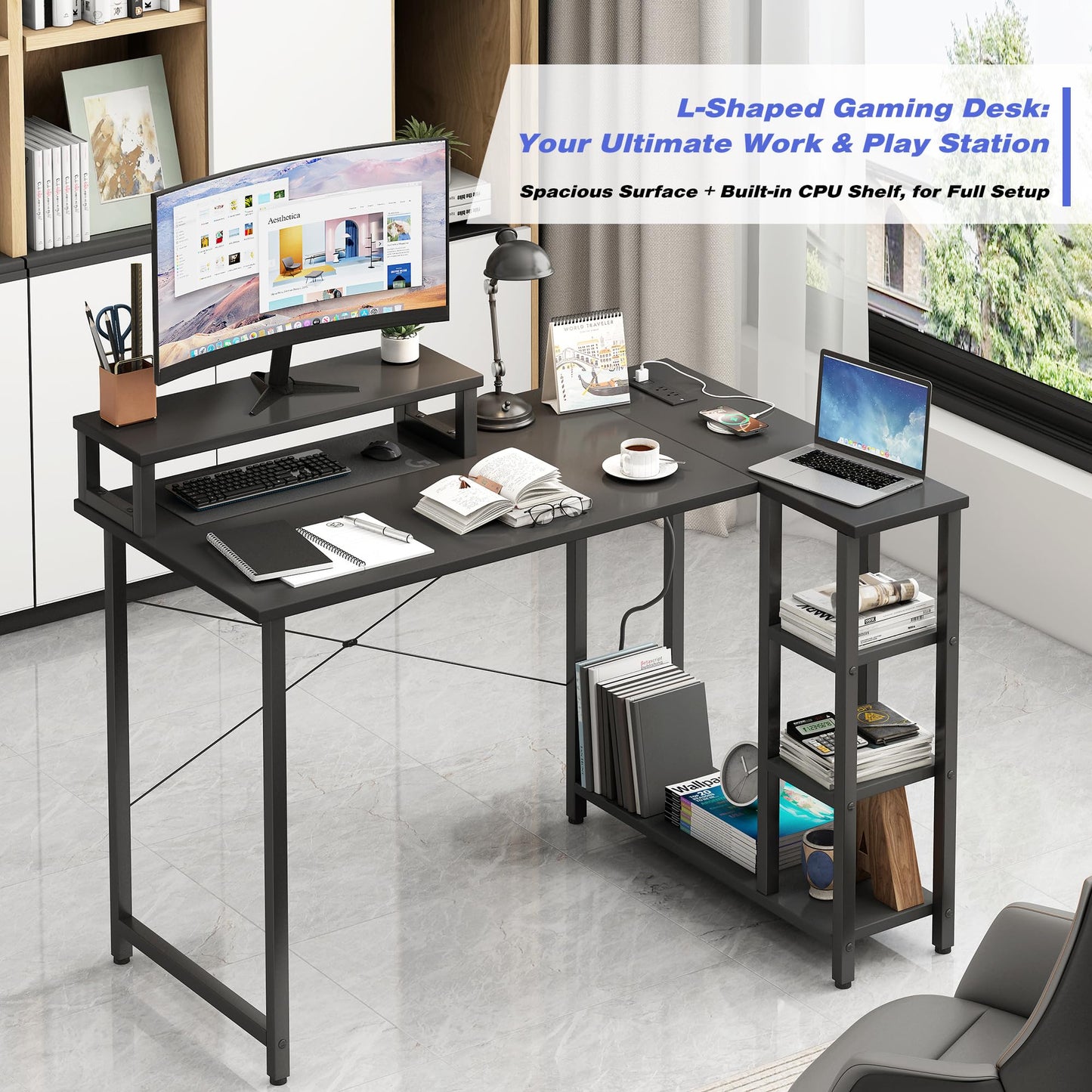 HIHOBDAY L Shaped Gaming Desk 100x70cm, Corner Desk with Monitor Riser, Built-in Power Strip & USB, Headphone Hooks, Multi-Tier Storage Shelves