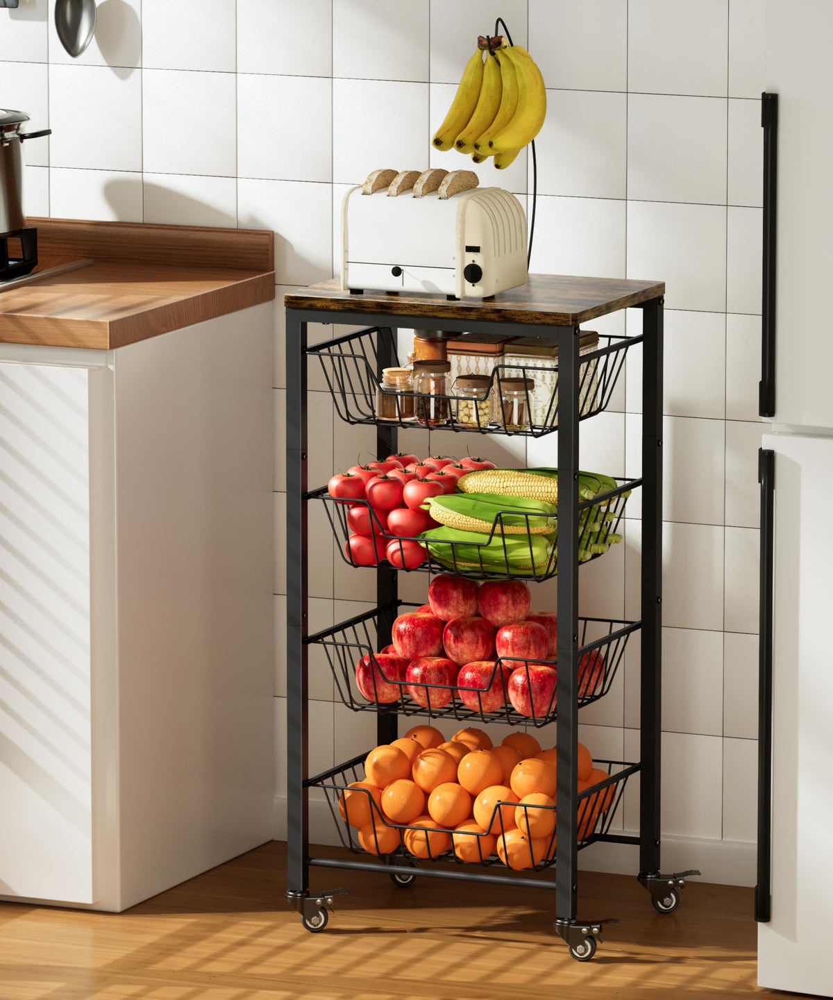 Garbuildman 5-Tier Kitchen Storage Cart with Pull-Out Wire Baskets - Fruit & Vegetable Organiser with Wooden Top & Banana Holder for Pantry