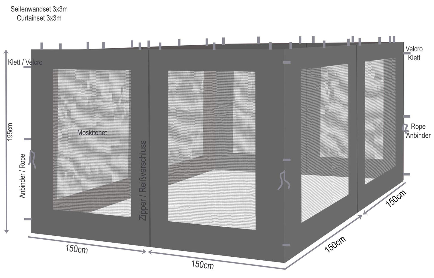 QUICK STAR 4 Side Panels with Mosquito Net 300x195cm Anthracite for Gazebo 3x3m