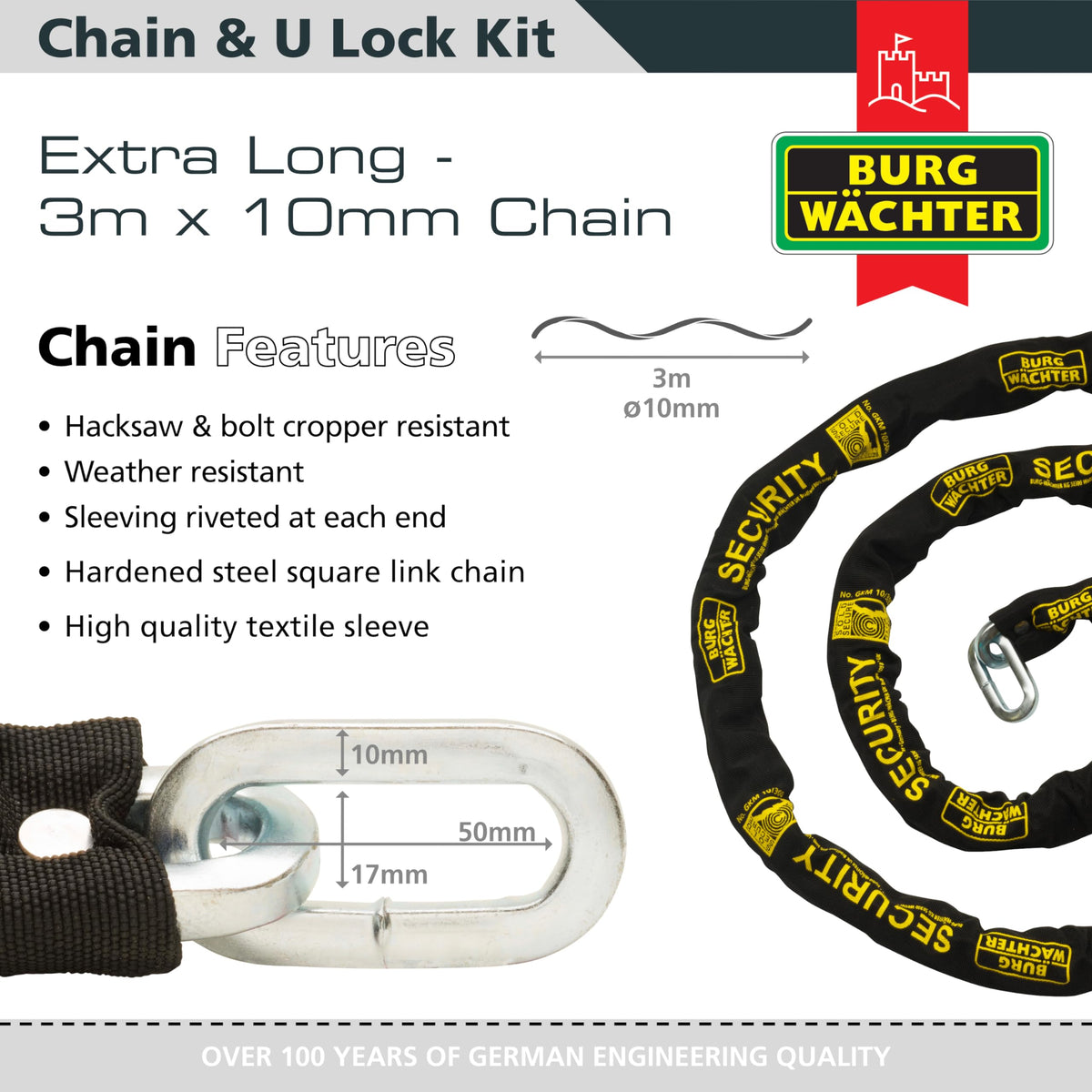 Burg-Wachter Sold Secure Gold Bike Chain & Lock Kit, Black, 3M